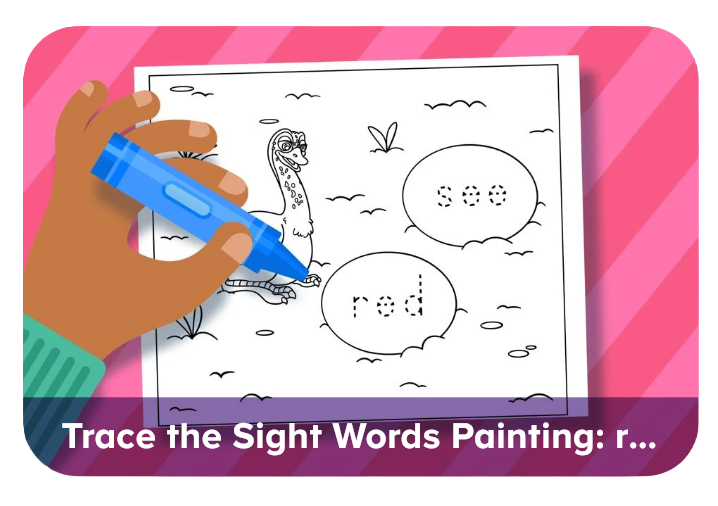 Child tracing sight words on a printable worksheet with a blue marker in an interactive learning activity.