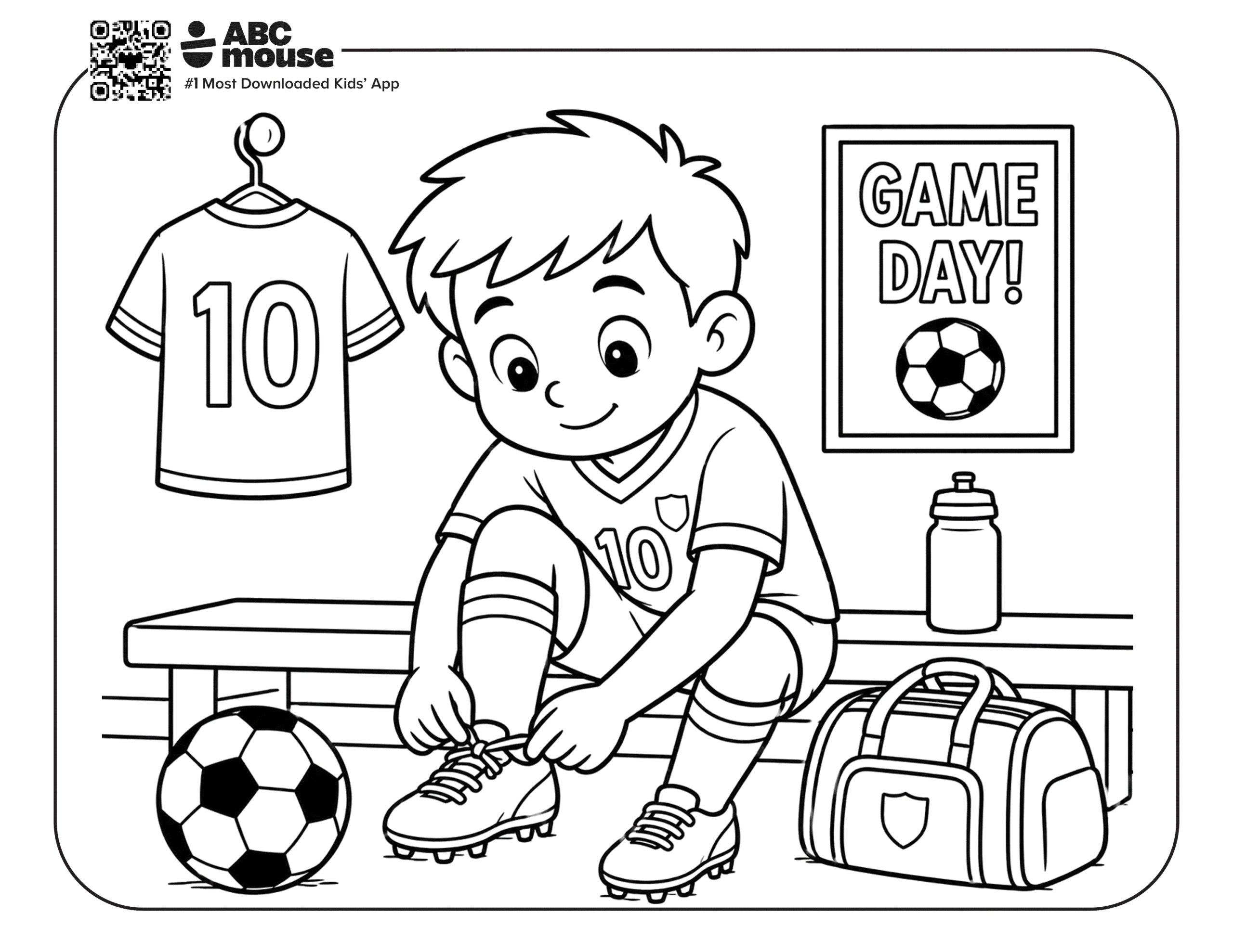 Soccer Player Tying Shoe – Free printable coloring page for kids from ABCmouse featuring a soccer player tying a cleat before practice or a game.