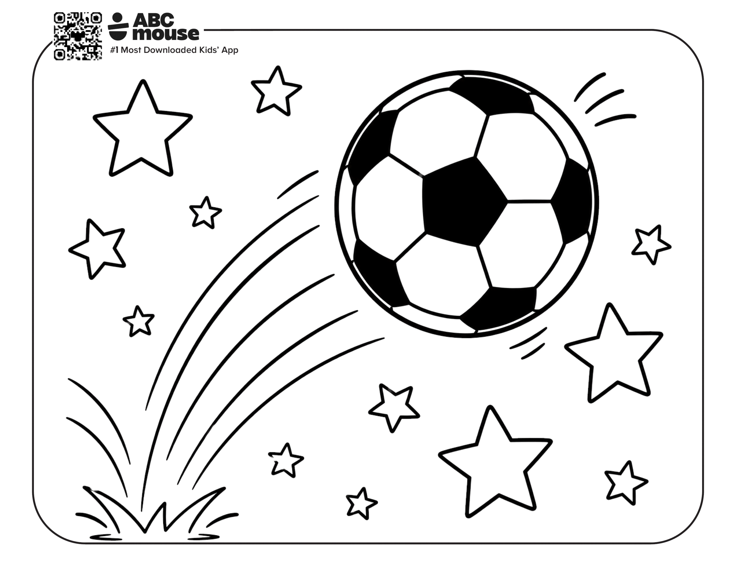 Soccer Ball on the Move – Free printable coloring page for kids from ABCmouse featuring a soccer ball flying through the air with stars and a rainbow.