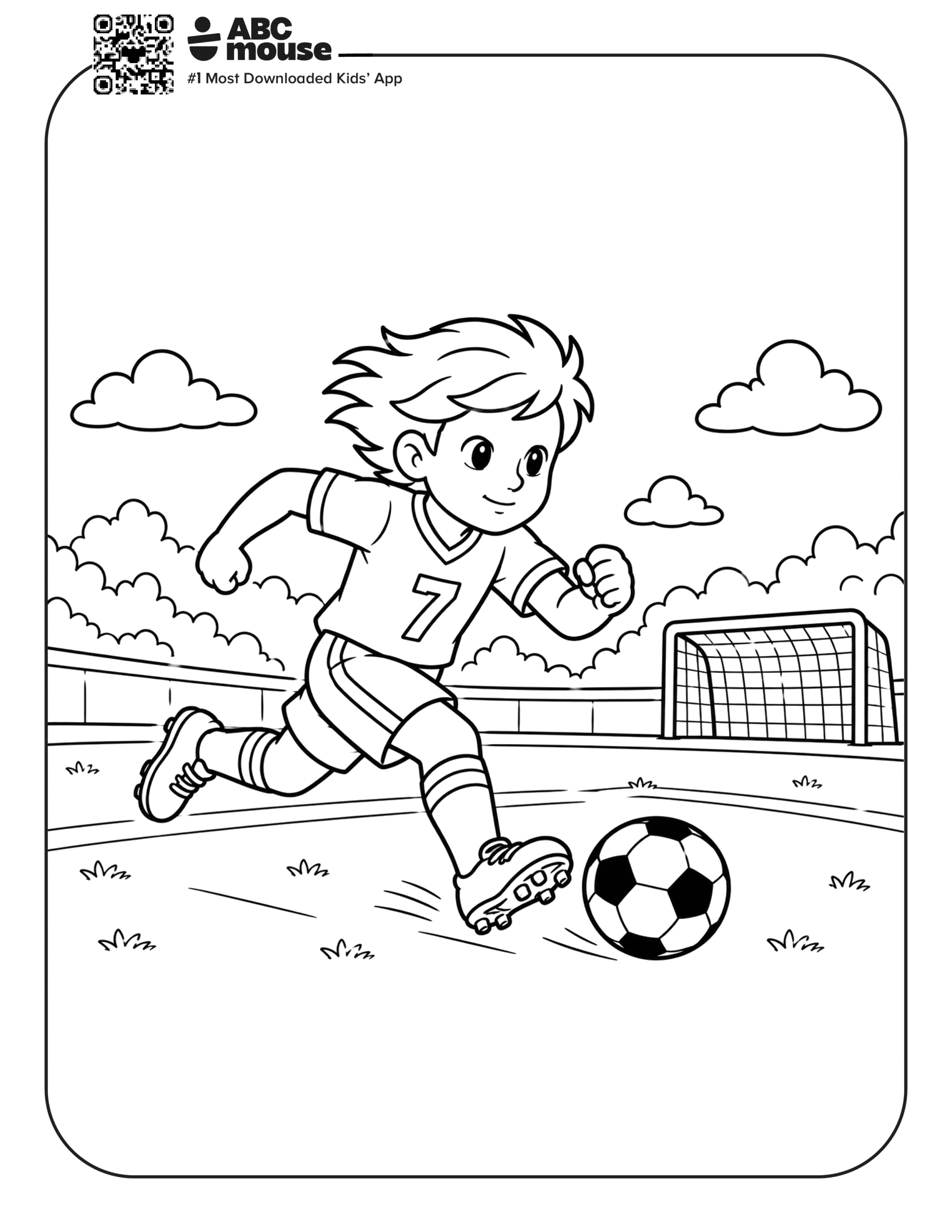 Determined Boy Chasing the Soccer Ball – Free printable coloring page for kids from ABCmouse featuring a determined boy running after a soccer ball on the field.