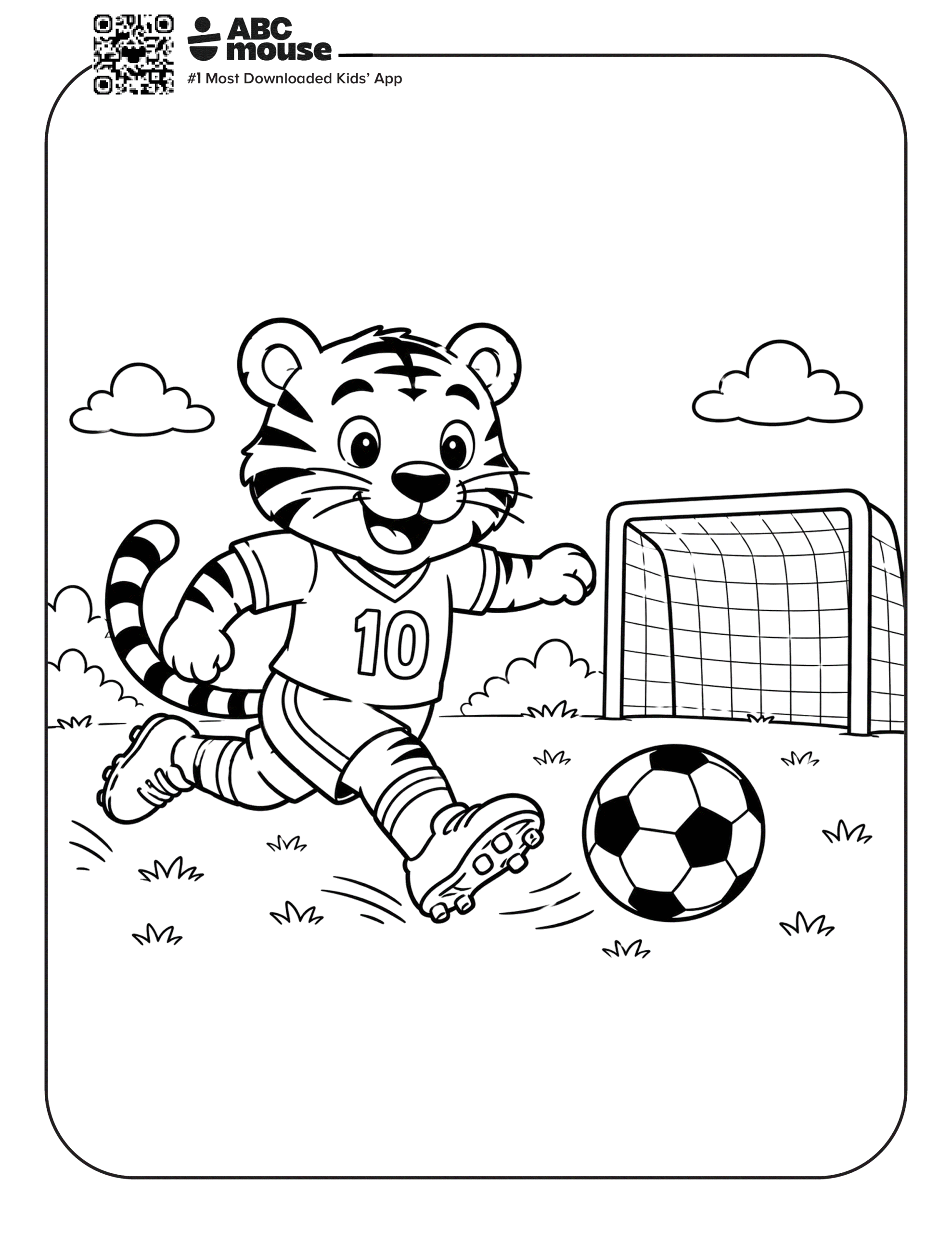 Tiger Kicking a Soccer Ball – Free printable coloring page for kids from ABCmouse featuring a tiger soccer player kicking a ball on the field.