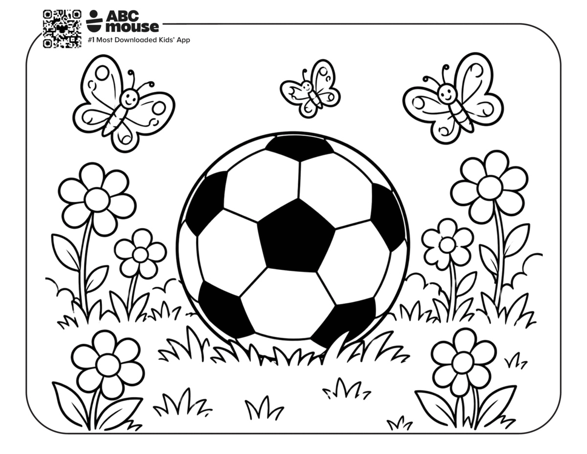 Soccer Ball with Flowers – Free printable coloring page for kids from ABCmouse featuring a soccer ball surrounded by flowers and butterflies.