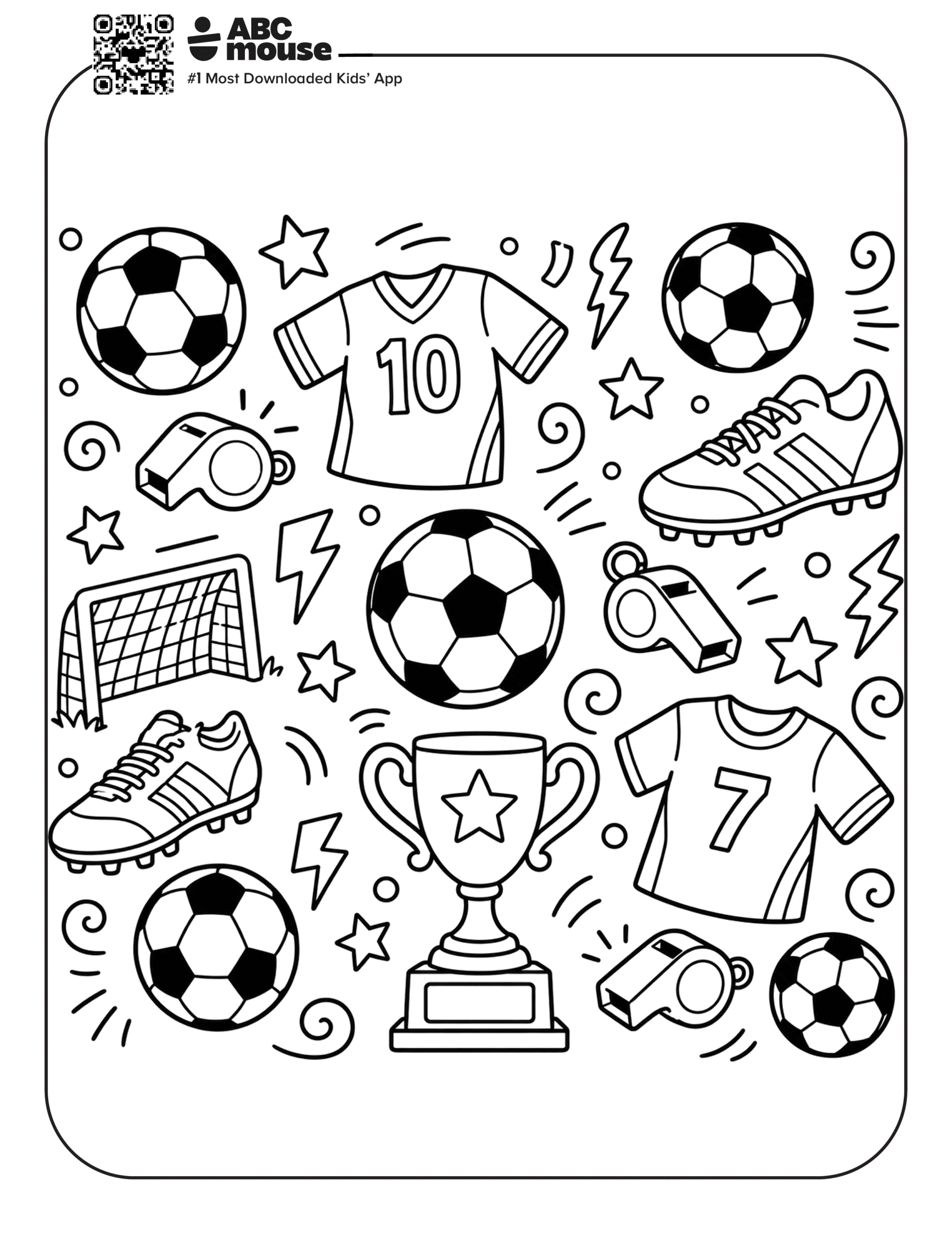Fun Soccer Themed Pattern Page – Free printable coloring page for kids from ABCmouse featuring a soccer-themed pattern with balls, jerseys, trophies, and goals.