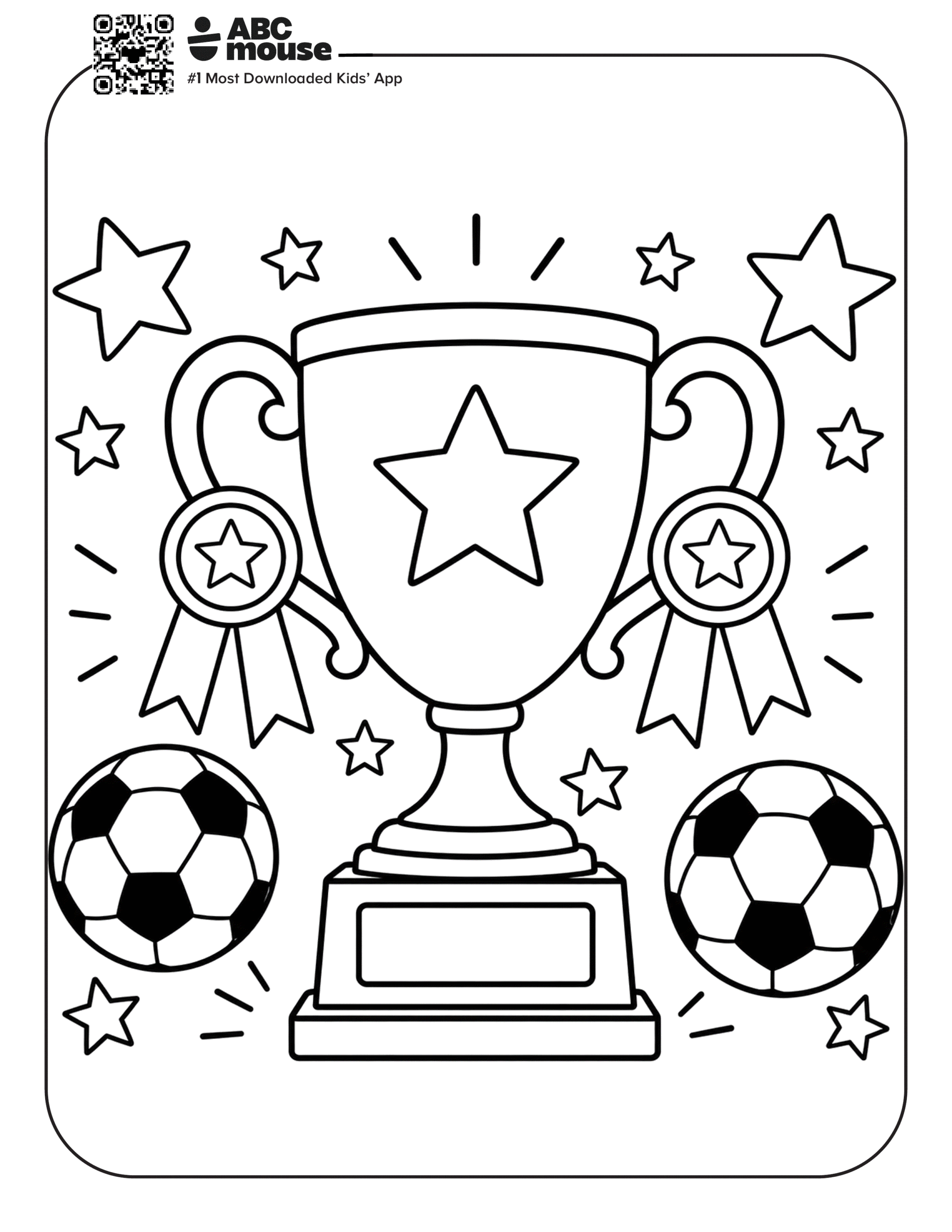 Soccer Trophy and Balls – Free printable coloring page for kids from ABCmouse featuring a championship soccer trophy surrounded by soccer balls and ribbons.