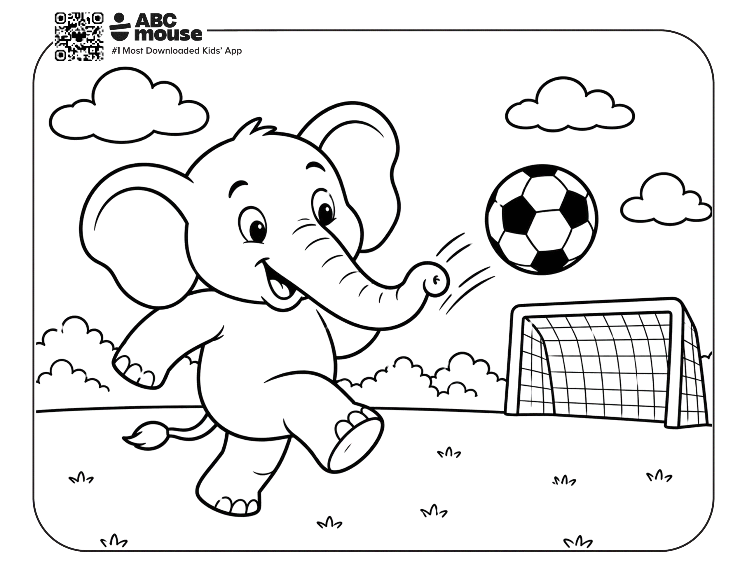 Elephant Kicking Soccer Ball – Free printable coloring page for kids from ABCmouse featuring an elephant kicking a soccer ball toward a goal.