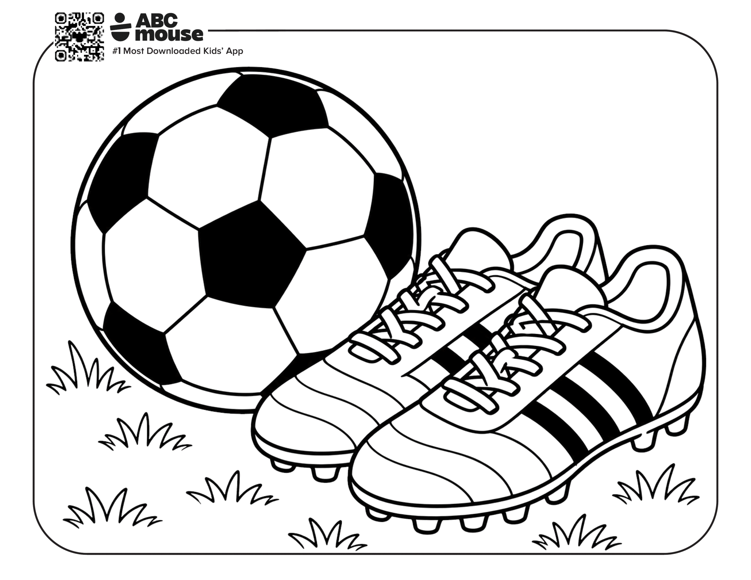 Soccer Ball with Cleats – Free printable coloring page for kids from ABCmouse featuring a soccer ball resting beside a pair of soccer cleats.