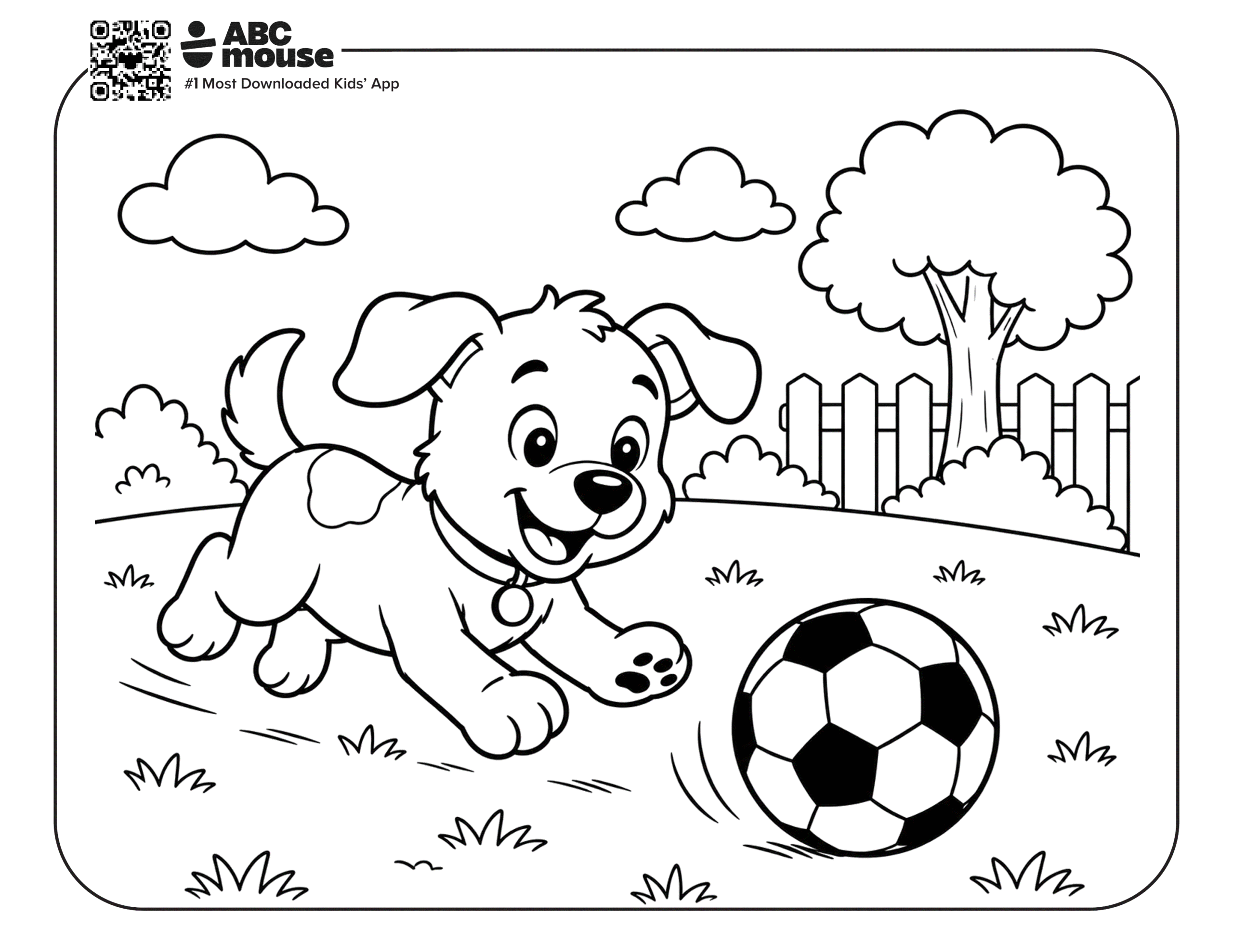 Cute Dog Chasing a Soccer Ball – Free printable coloring page for kids from ABCmouse featuring a playful dog running after a soccer ball.