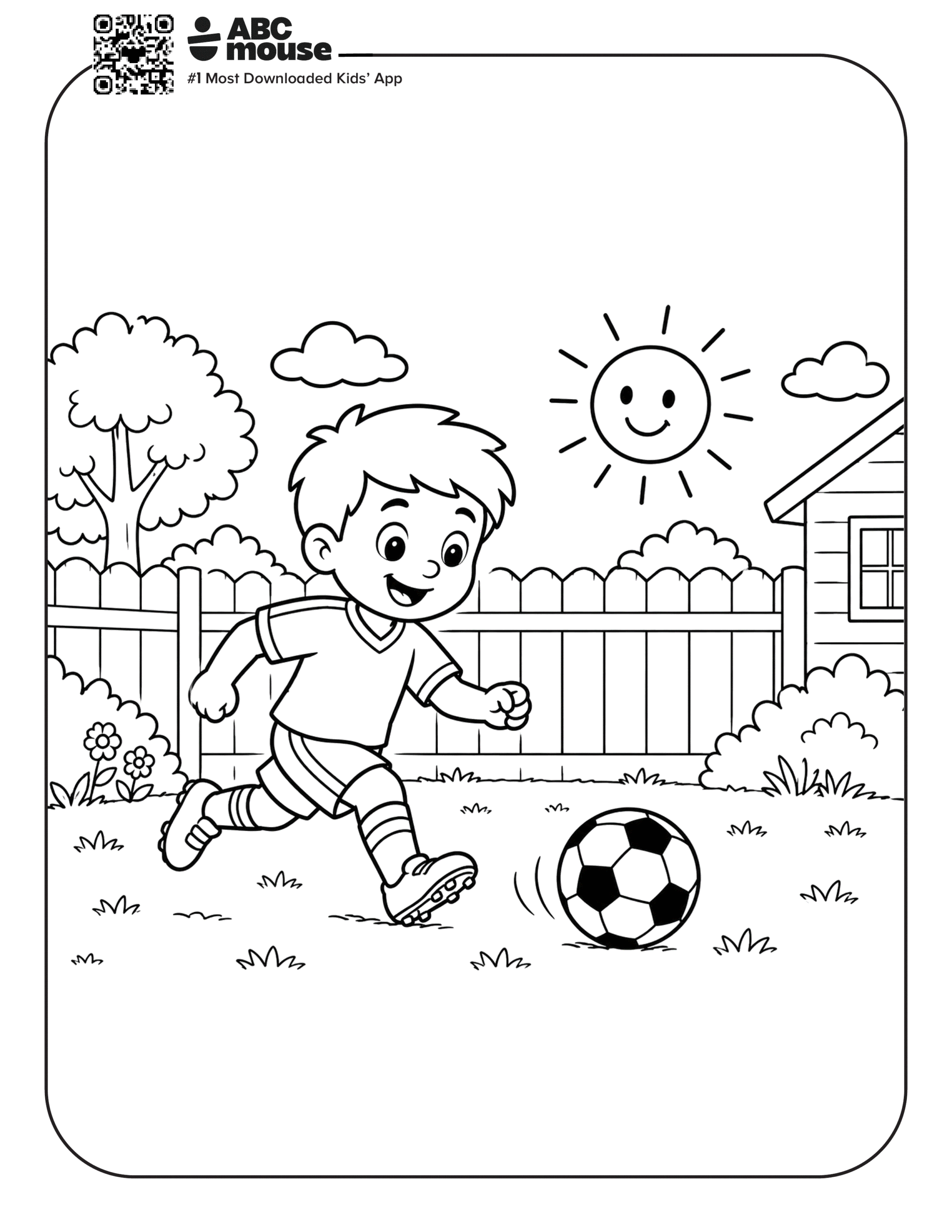 Boy Chasing Soccer Ball – Free printable coloring page for kids from ABCmouse featuring a boy running after a soccer ball in a backyard setting.