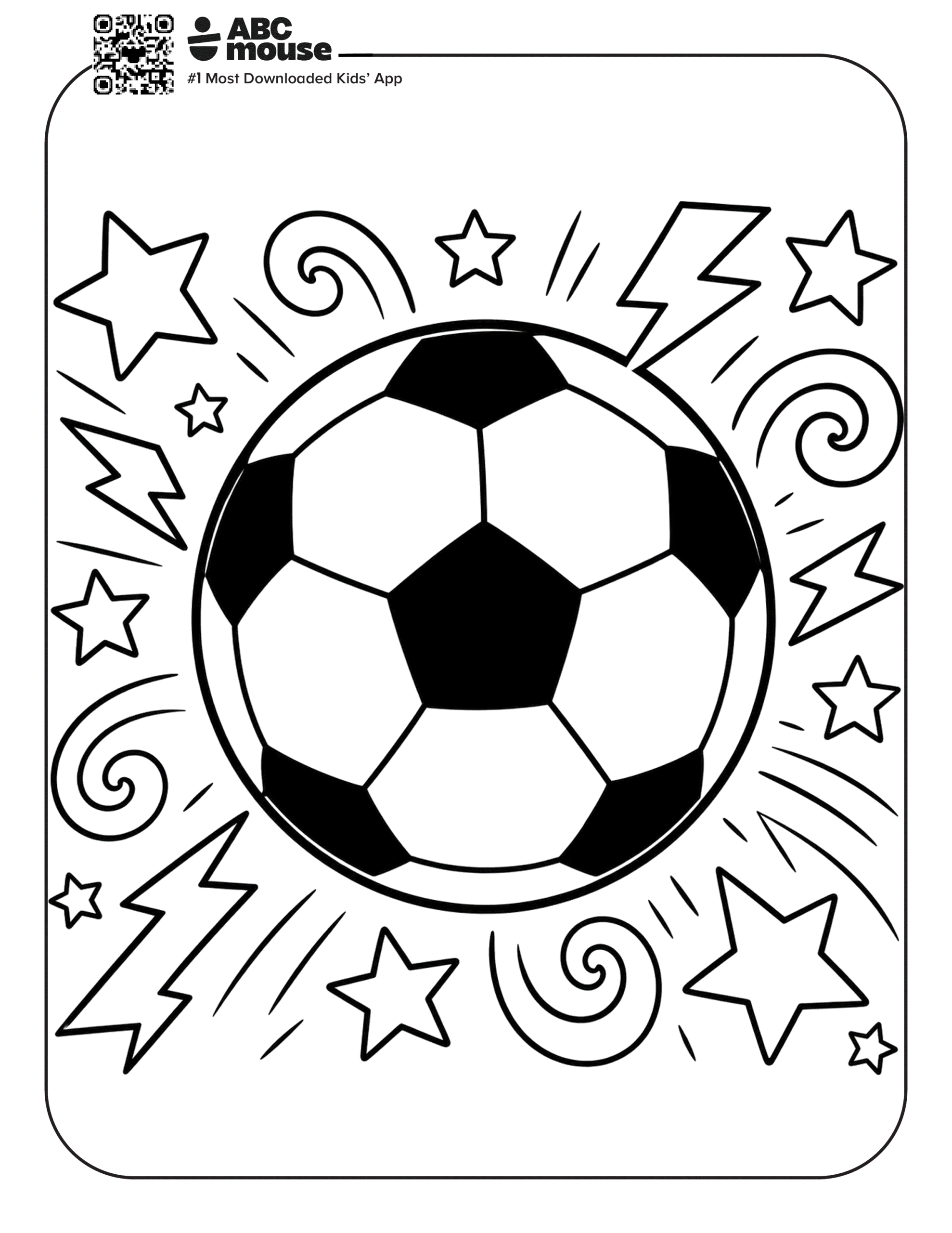 Fun Soccer Ball Art – Free printable coloring page for kids from ABCmouse featuring a soccer ball surrounded by stars, swirls, and fun action designs.