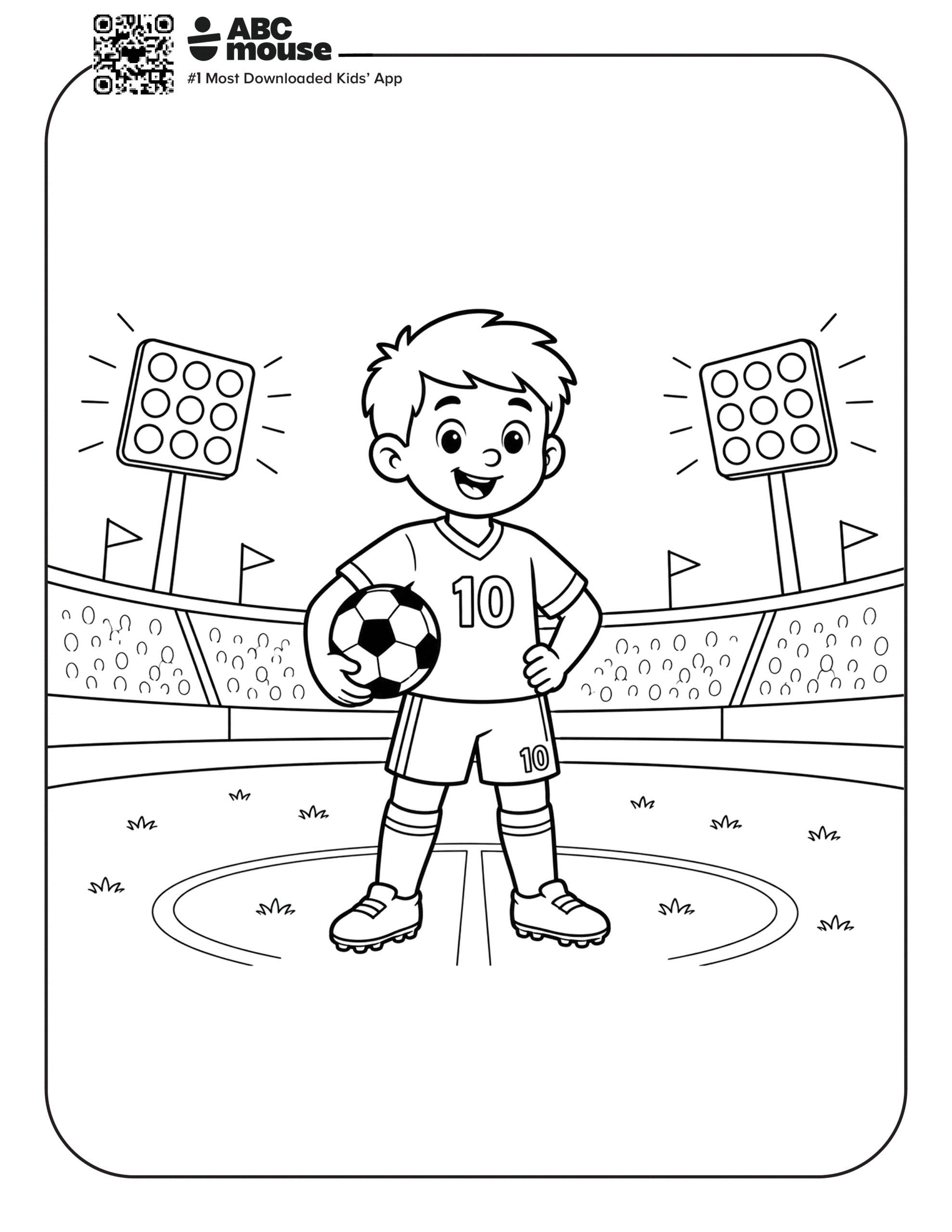 Boy Holding a Soccer Ball – Free printable coloring page for kids from ABCmouse featuring a young soccer player holding a soccer ball in a stadium.