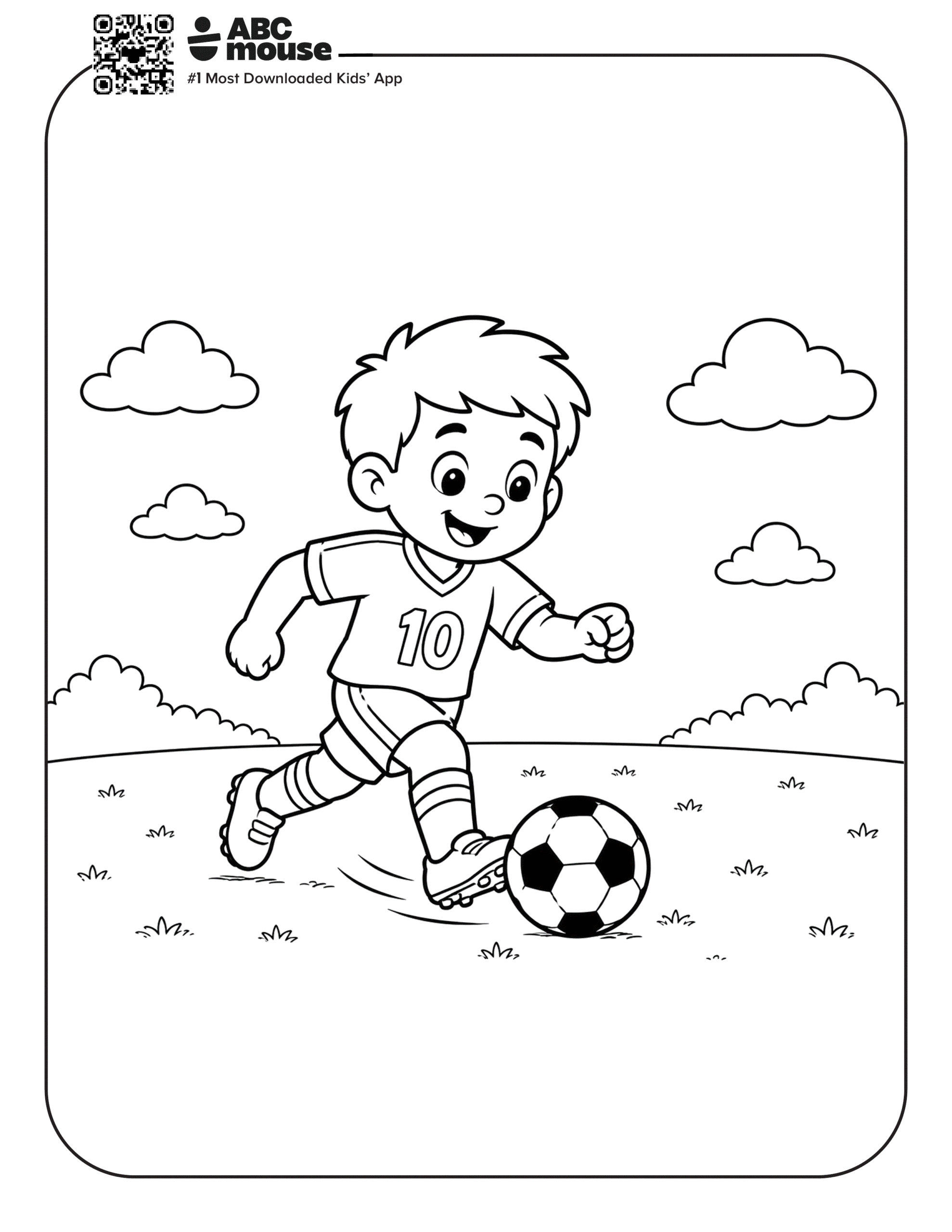 Boy Kicking a Soccer Ball – Free printable coloring page for kids from ABCmouse featuring a boy dribbling and kicking a soccer ball outdoors.