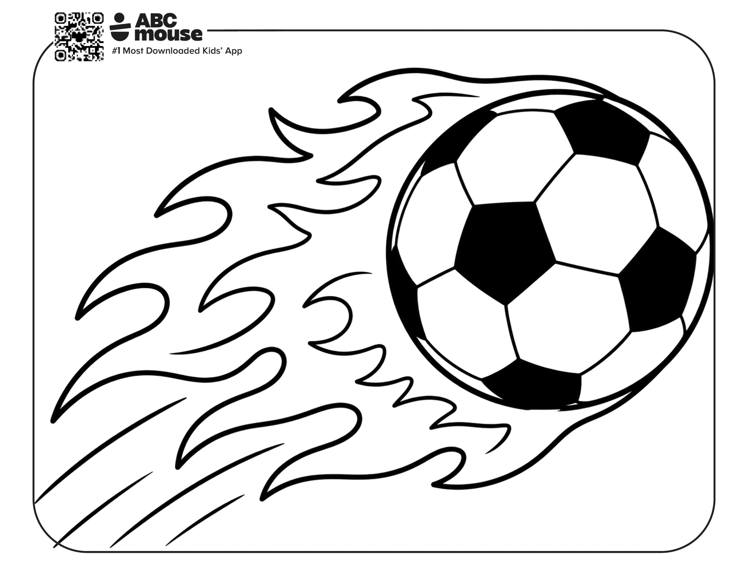 Soccer Ball on Fire – Free printable coloring page for kids from ABCmouse featuring a soccer ball with flaming motion trails.
