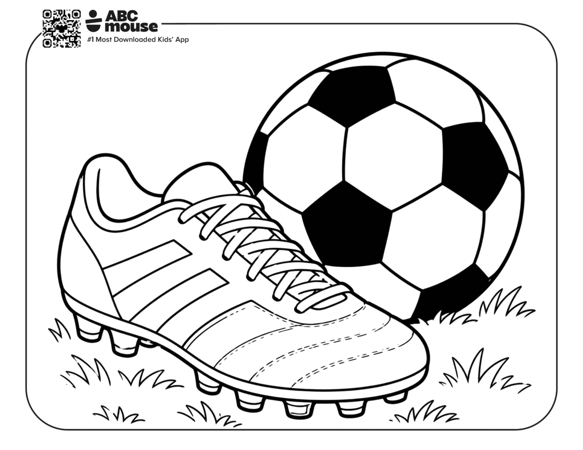 Soccer Ball in Cleat – Free printable coloring page for kids from ABCmouse featuring a soccer ball and soccer cleat on a grassy field.