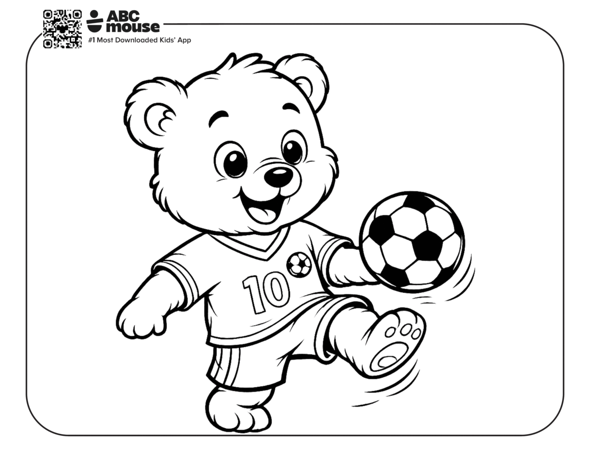 Fun Bear Kicking a Soccer Ball – Free printable coloring page for kids from ABCmouse featuring a smiling bear kicking a soccer ball.