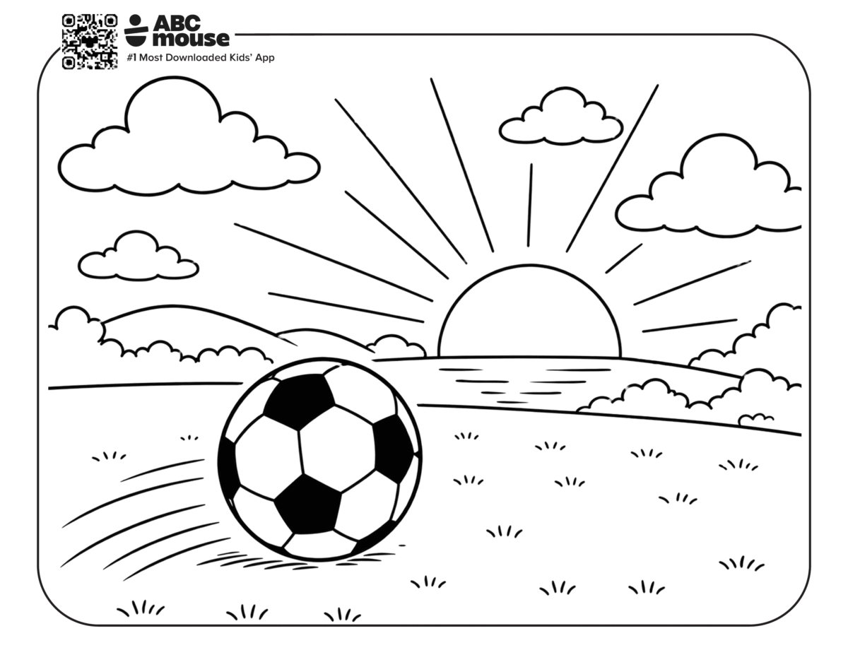 Soccer Ball in the Sunset – Free printable coloring page for kids from ABCmouse featuring a soccer ball on a field with a sunset in the background.