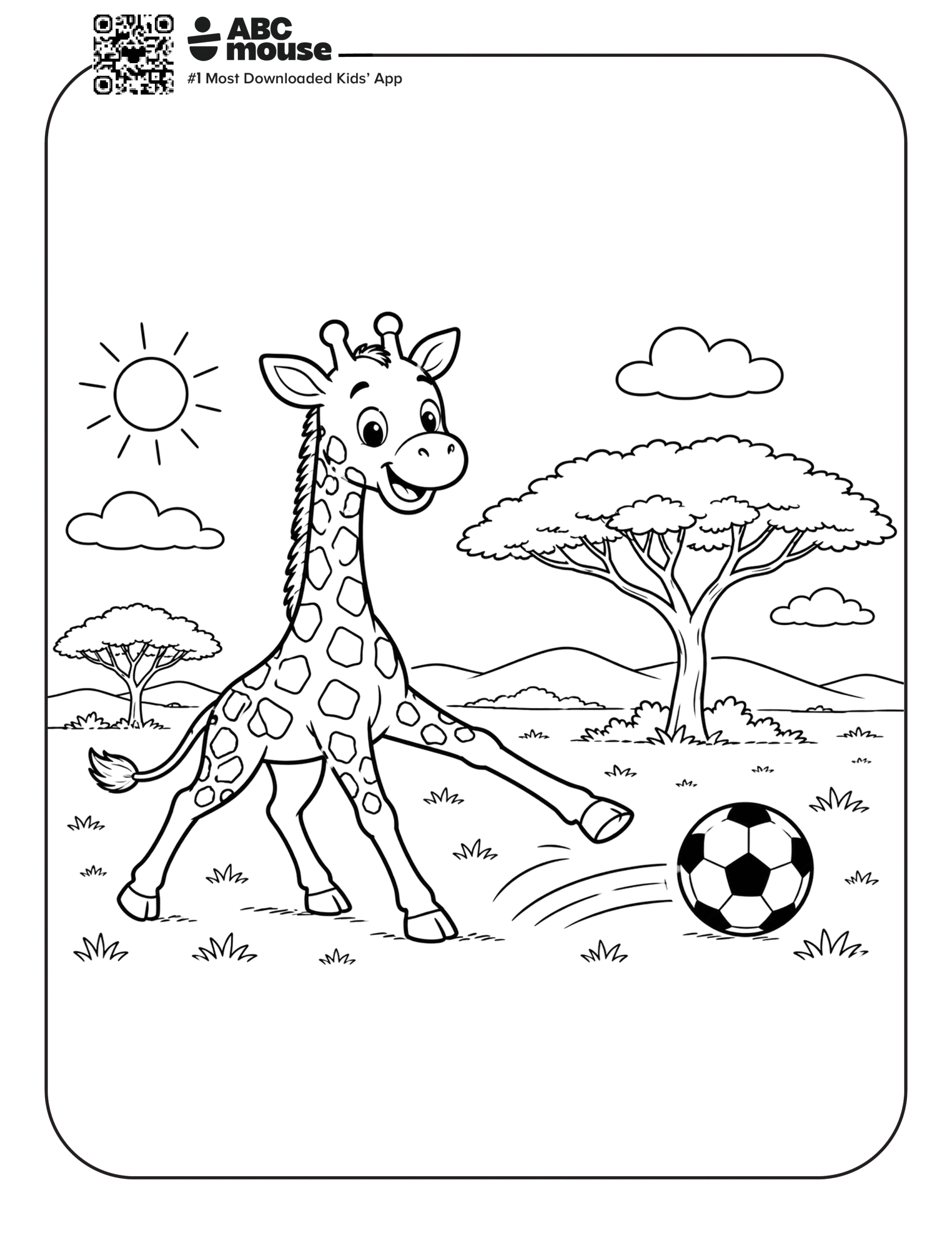 Giraffe Kicking Soccer Ball – Free printable coloring page for kids from ABCmouse featuring a giraffe kicking a soccer ball in a nature setting.