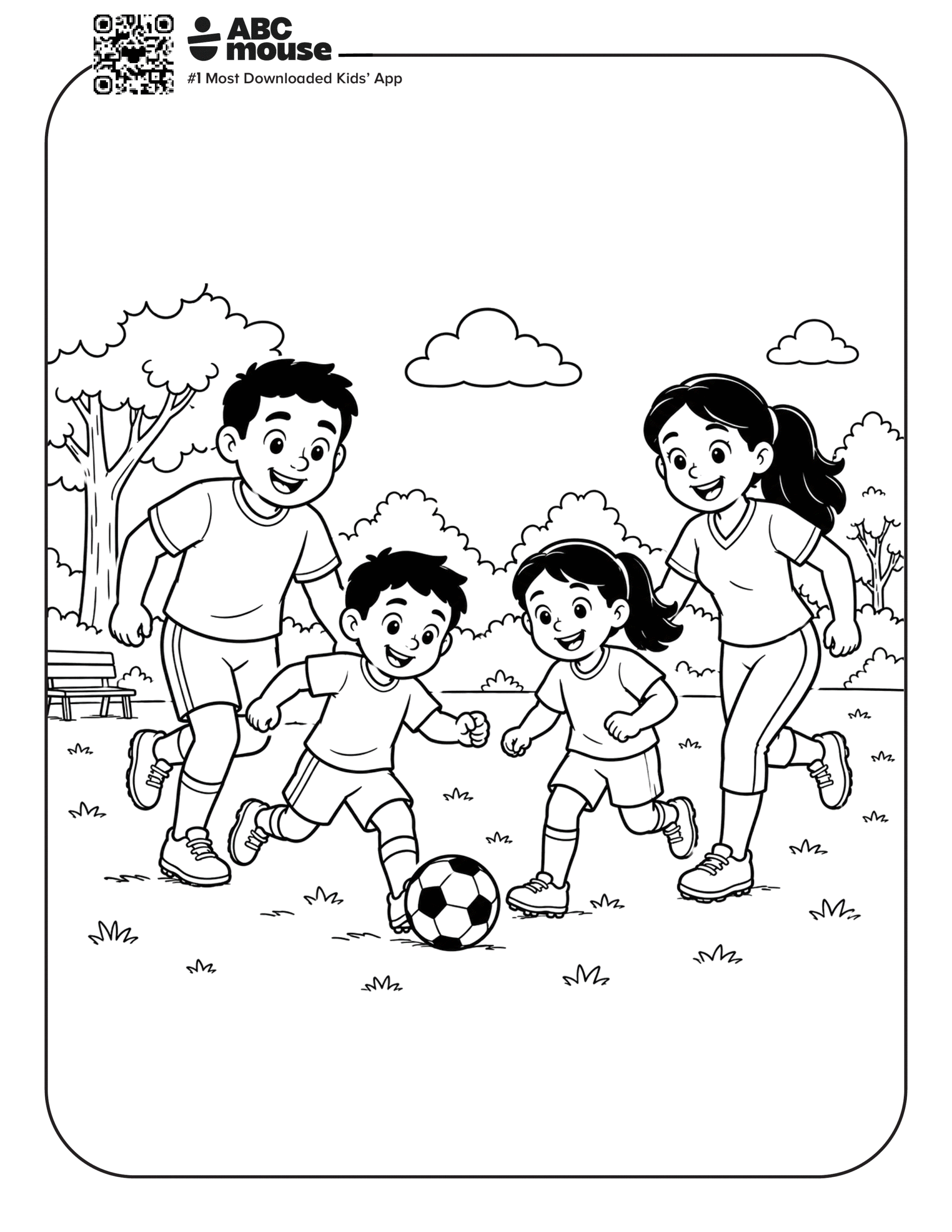 Family Playing Soccer Together – Free printable coloring page for kids from ABCmouse featuring a family enjoying a friendly soccer game together.