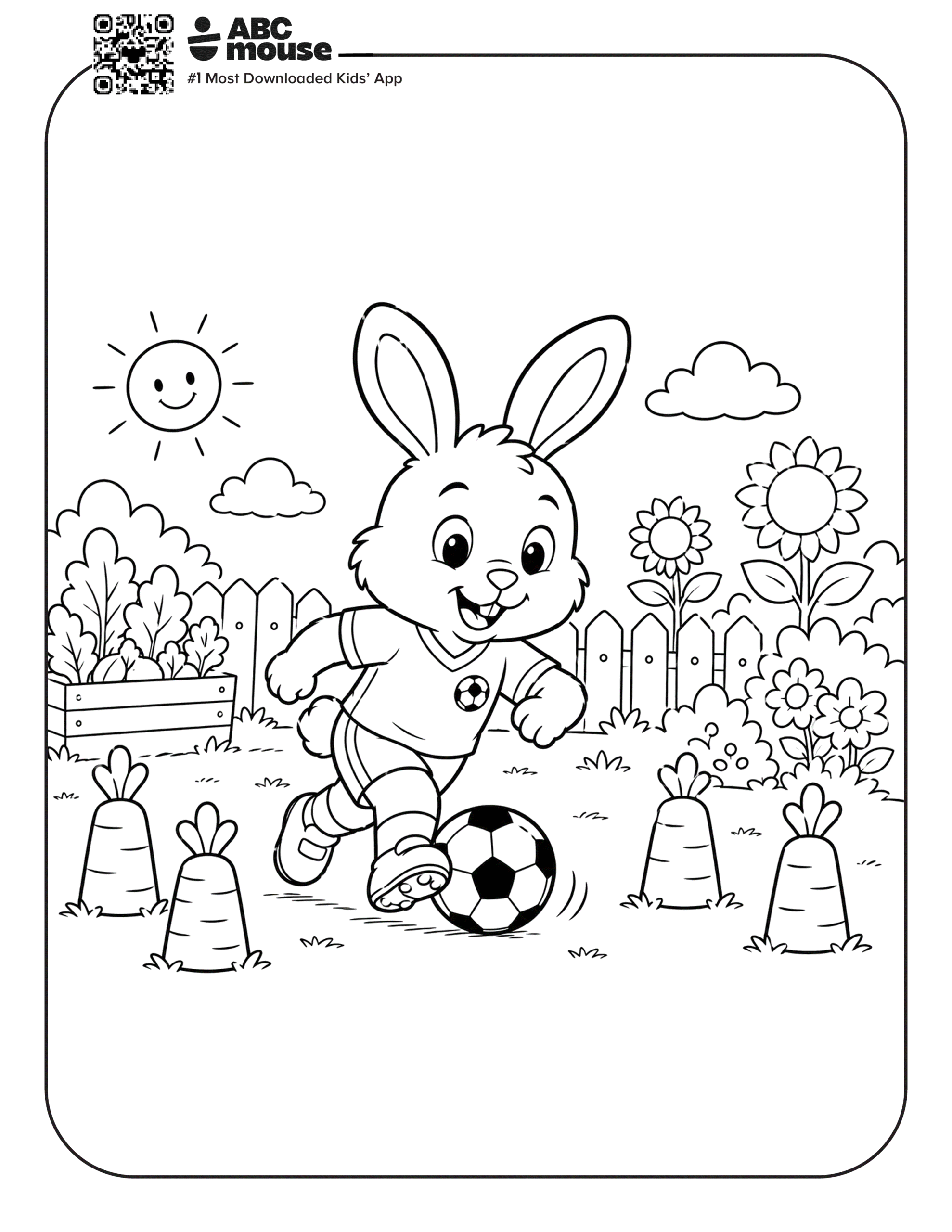 Bunny Chasing Soccer Ball – Free printable coloring page for kids from ABCmouse featuring a bunny running after a soccer ball through a garden.