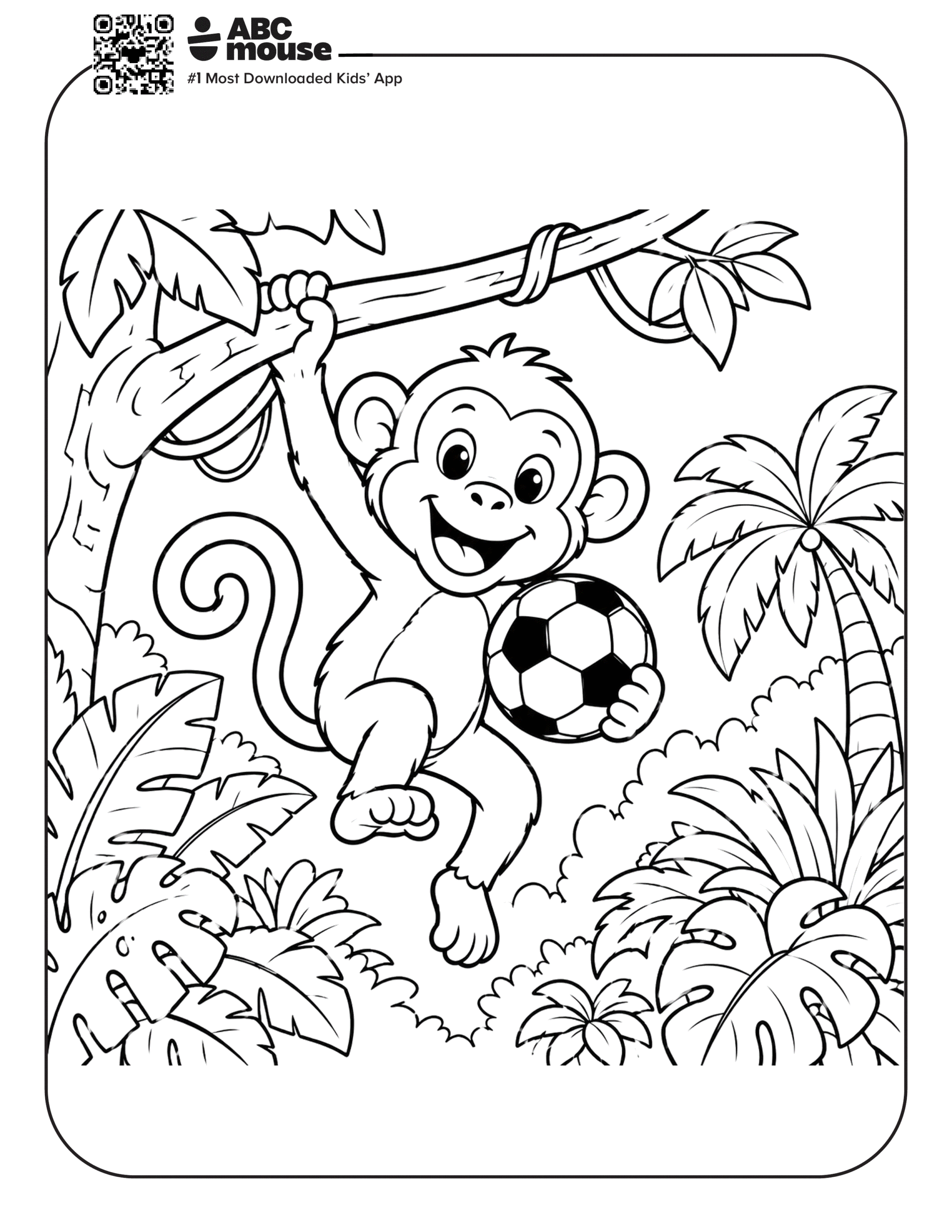 Monkey Holding Soccer Ball – Free printable coloring page for kids from ABCmouse featuring a monkey holding a soccer ball in a jungle.