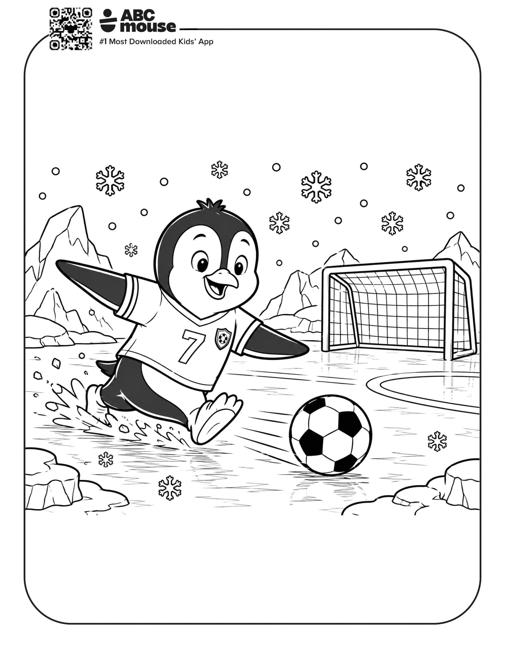 Penguin Chasing Soccer Ball – Free printable coloring page for kids from ABCmouse featuring a penguin running after a soccer ball on a snowy field.