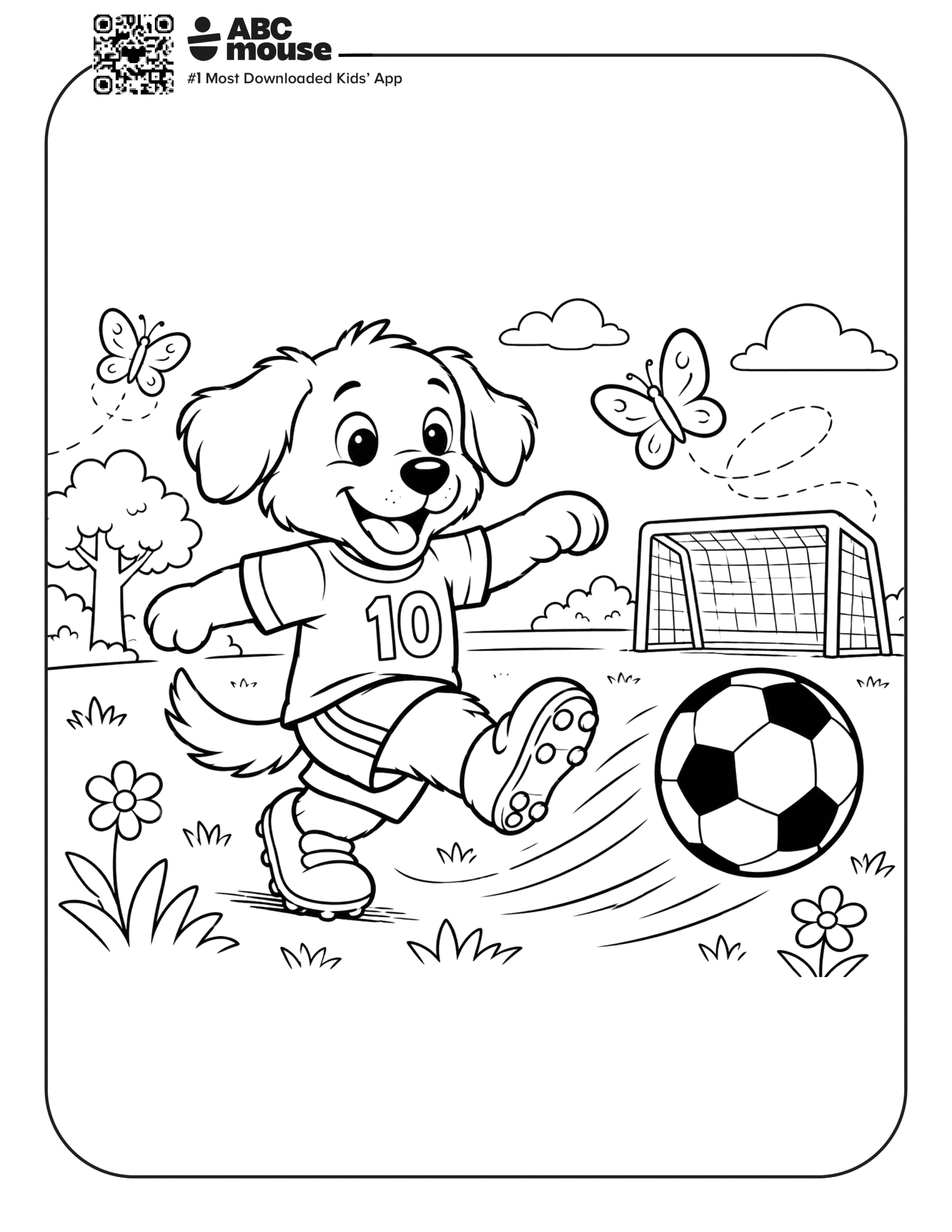 Dog Wearing Jersey Kicking Soccer Ball – Free printable coloring page for kids from ABCmouse featuring a dog in a soccer jersey kicking a soccer ball.
