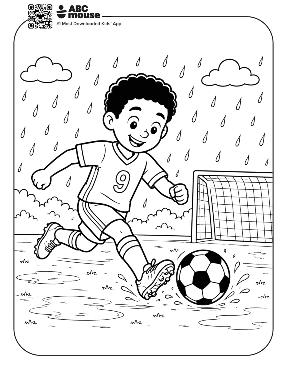 Boy Playing Soccer in the Rain – Free printable coloring page for kids from ABCmouse featuring a boy dribbling a soccer ball while playing in the rain.