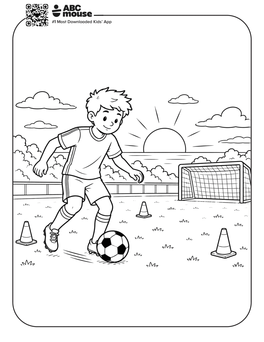 Boy Running Soccer Drill – Free printable coloring page for kids from ABCmouse featuring a boy practicing a soccer dribbling drill with cones.