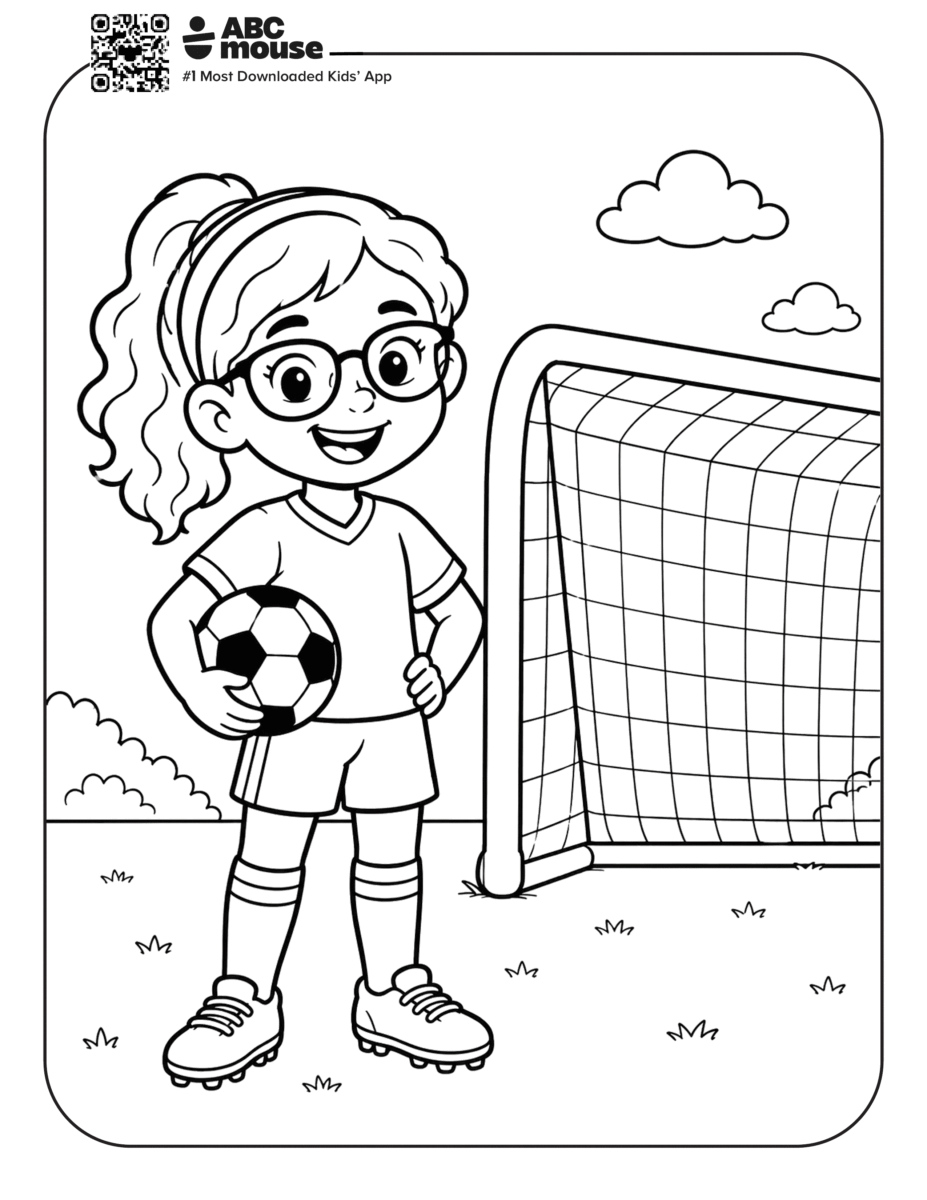 Girl Holding a Soccer Ball – Free printable coloring page for kids from ABCmouse featuring a girl holding a soccer ball while standing near a goal.