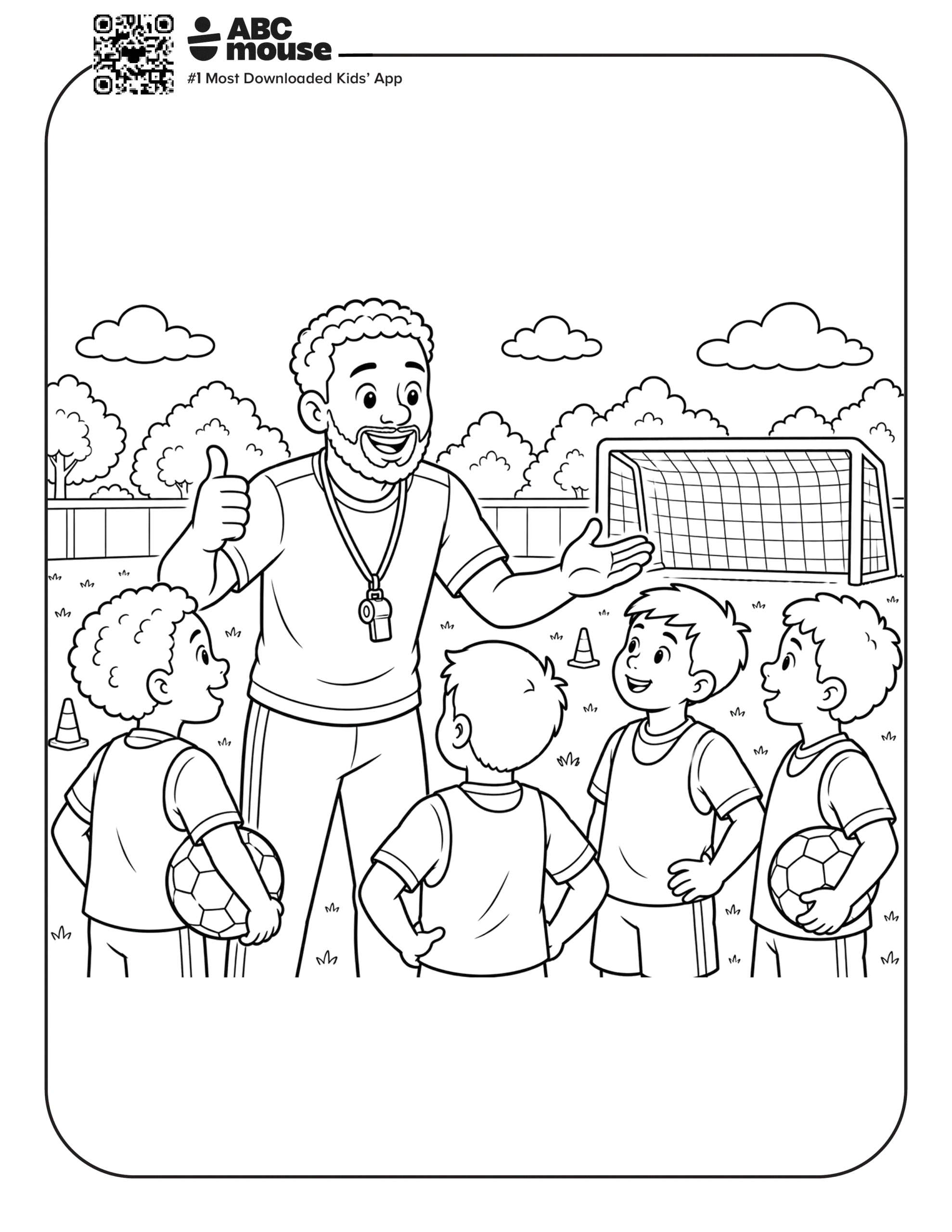 Soccer Coach Teaching Team – Free printable coloring page for kids from ABCmouse featuring a soccer coach giving instructions to a youth soccer team.