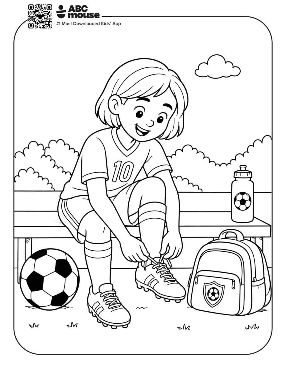 Girl Tying Her Cleat Laces – Free printable coloring page for kids from ABCmouse featuring a girl tying her soccer cleats beside a soccer ball and equipment bag.