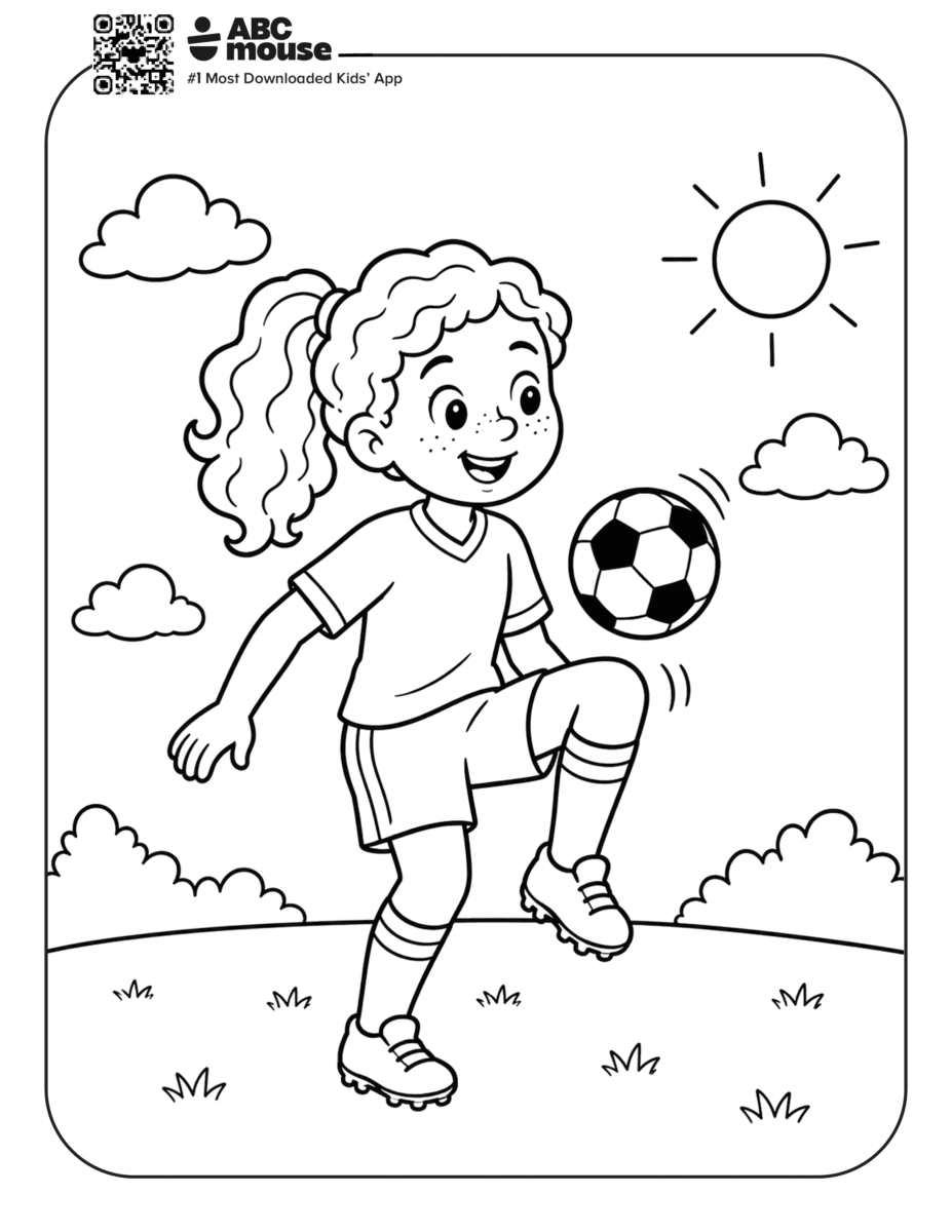 Girl Kneeing a Soccer Ball – Free printable coloring page for kids from ABCmouse featuring a girl practicing a soccer knee-up on a sunny field.