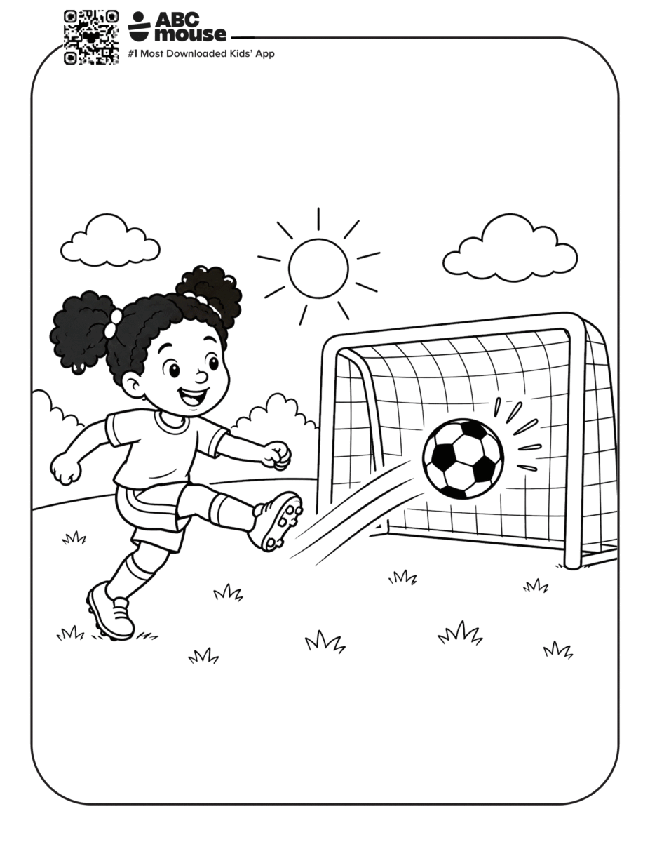 Girl Kicking a Goal – Free printable coloring page for kids from ABCmouse featuring a girl kicking a soccer ball toward the goal.