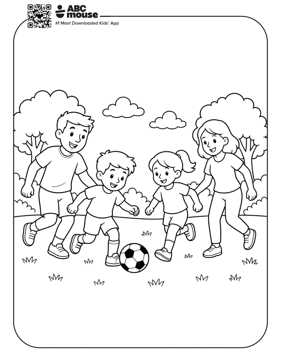 Family Playing Soccer Together – Free printable coloring page for kids from ABCmouse featuring a family enjoying a friendly soccer game together.