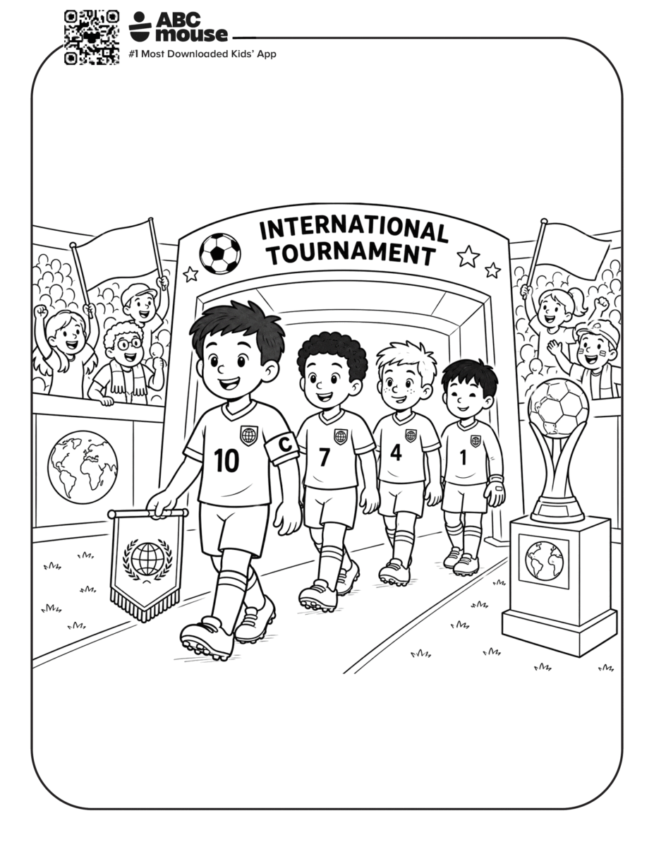 Team Walking onto the Field – Free printable coloring page for kids from ABCmouse featuring a youth soccer team walking onto the field before a match.