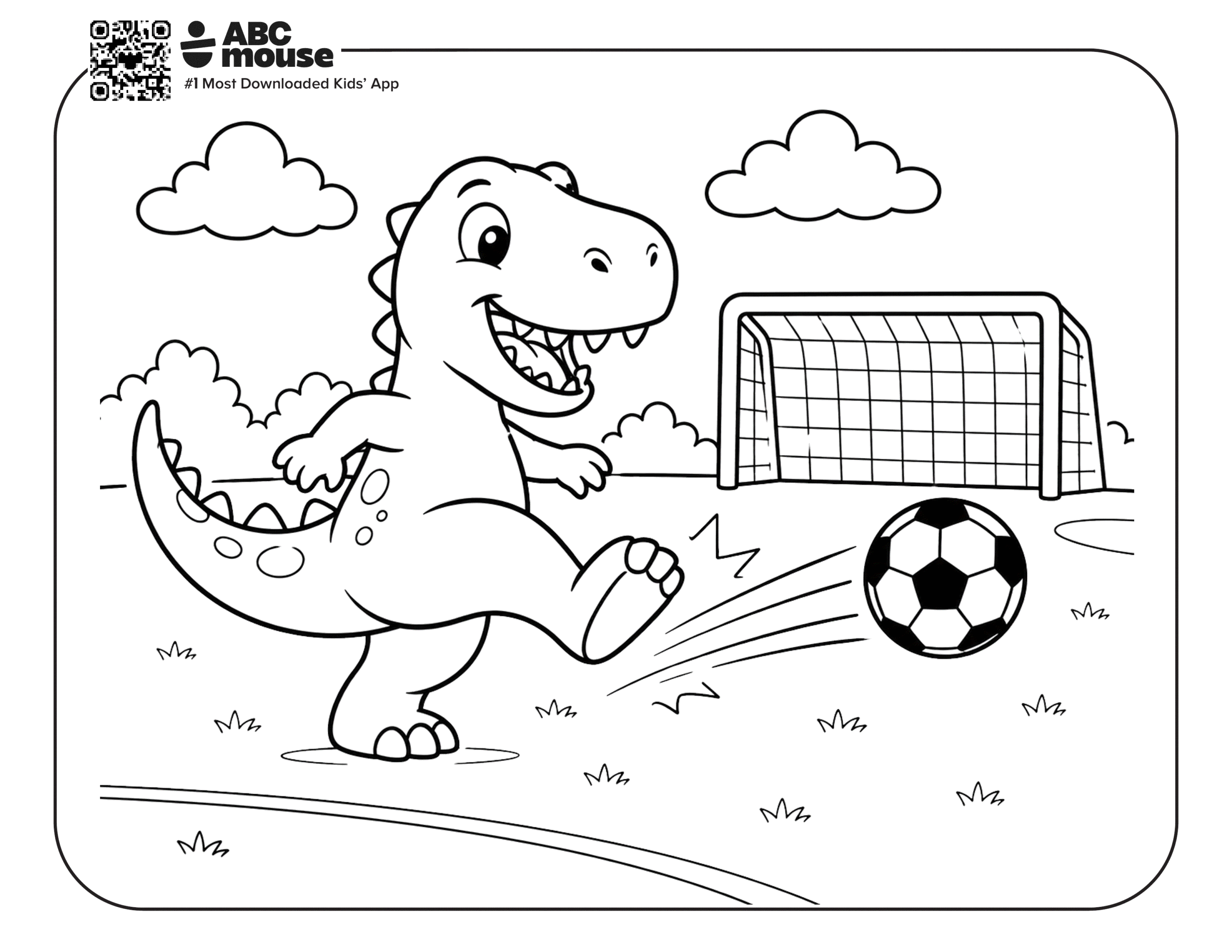 Dinosaur Kicking the Soccer Ball – Free printable coloring page for kids from ABCmouse featuring a dinosaur kicking a soccer ball near a goal.