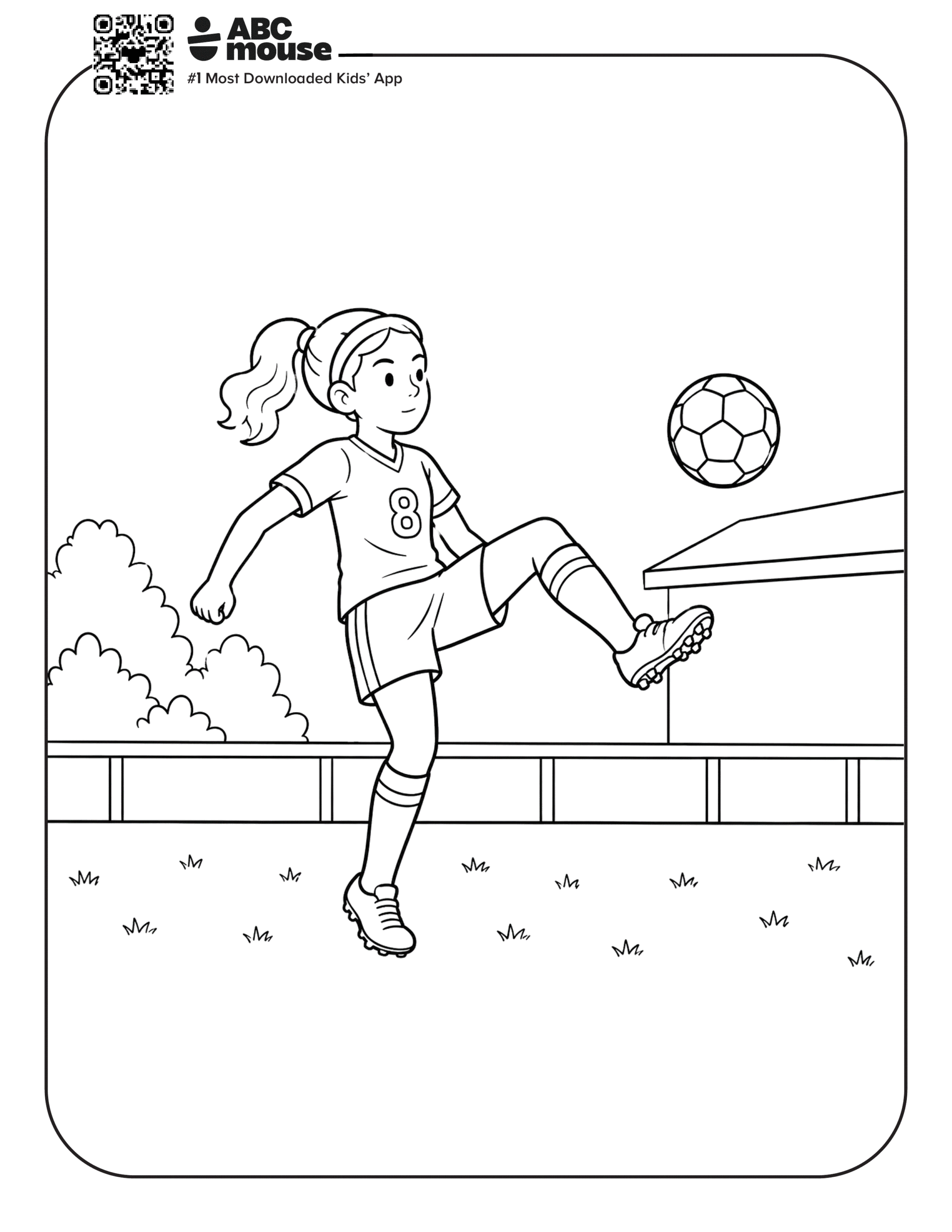 Girl Kneeing a Soccer Ball – Free printable coloring page for kids from ABCmouse featuring a girl performing a soccer knee-up on a field.