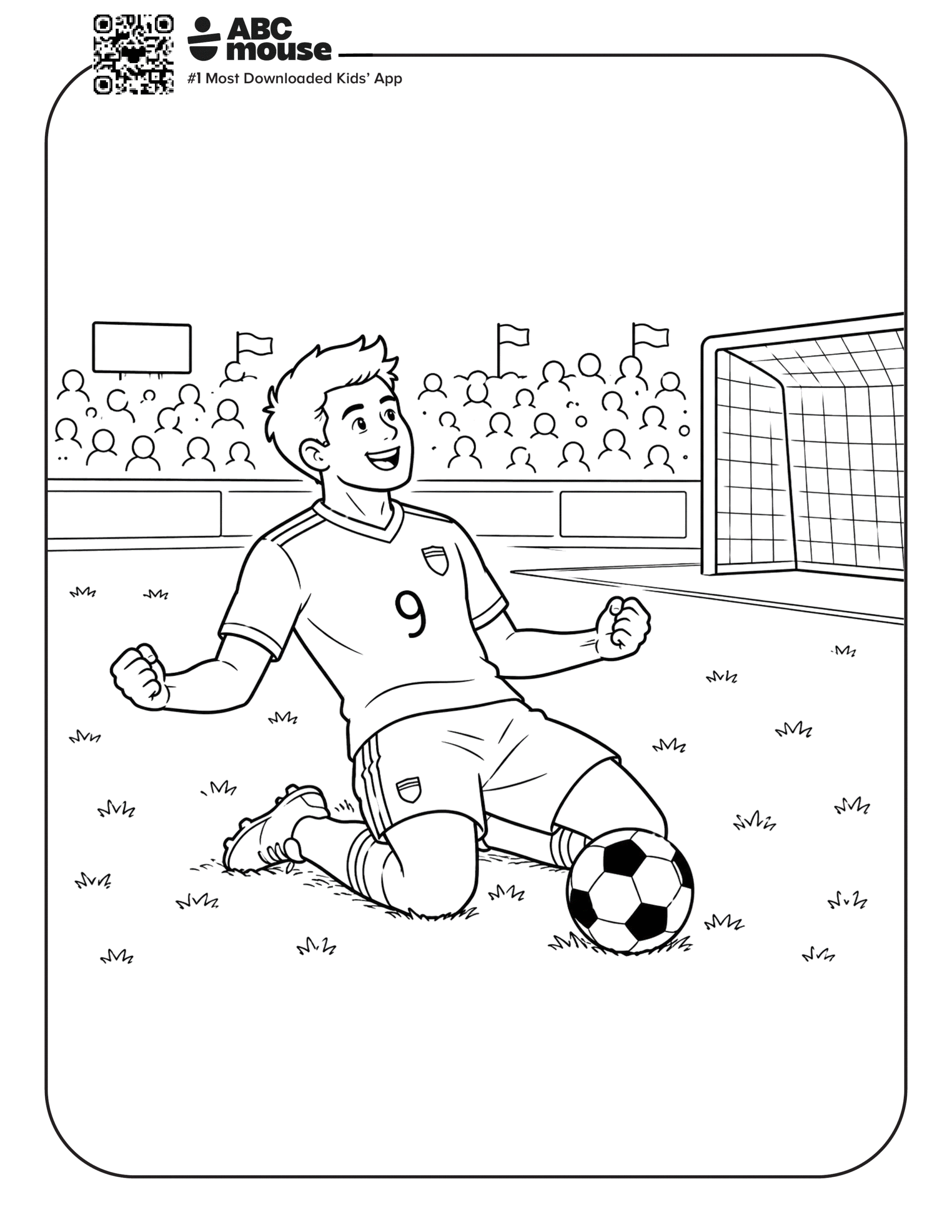 Soccer Player on His Knees – Free printable coloring page for kids from ABCmouse featuring a soccer player on one knee beside a soccer ball on the field.