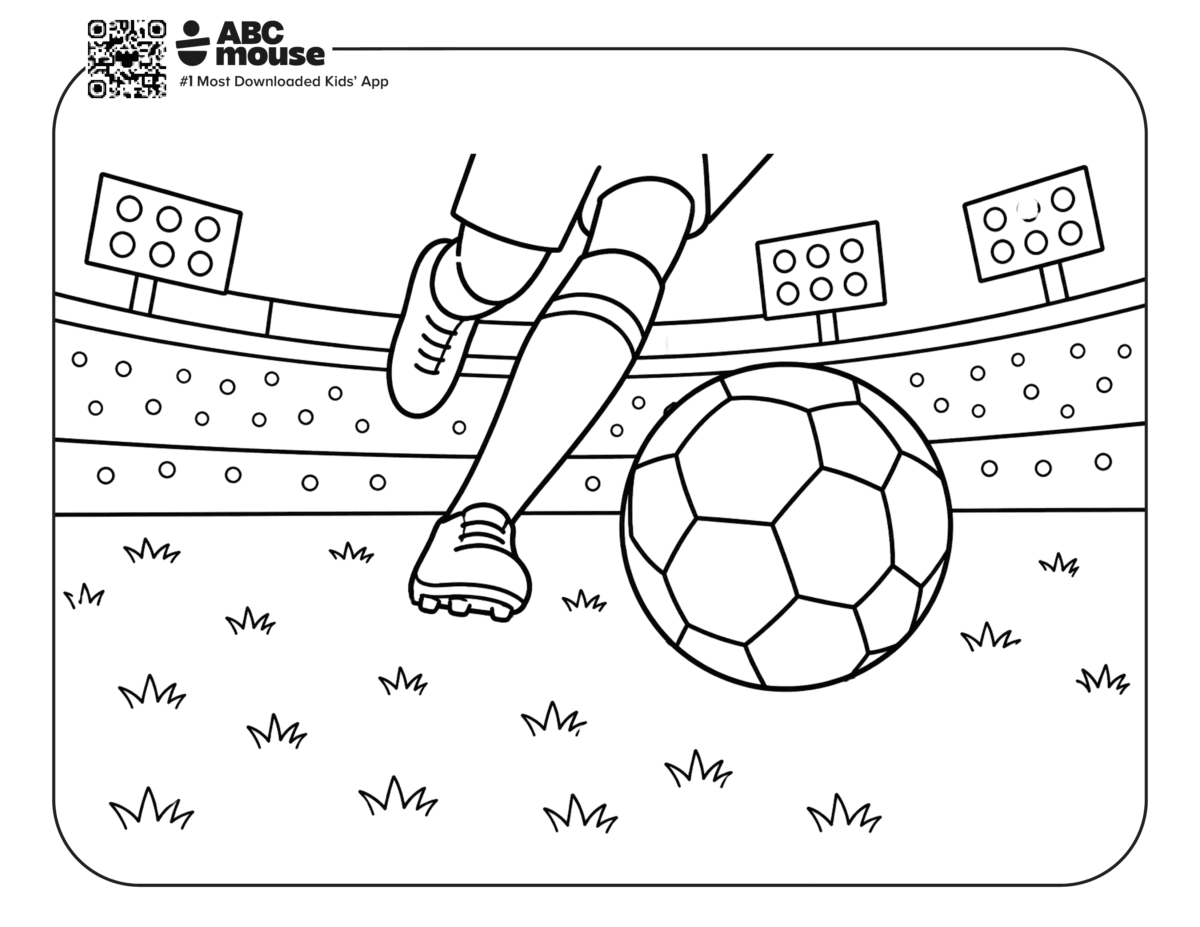 Close Up of Soccer Ball Being Chased – Free printable coloring page for kids from ABCmouse featuring a close-up view of a soccer ball rolling across the field with players running behind it.