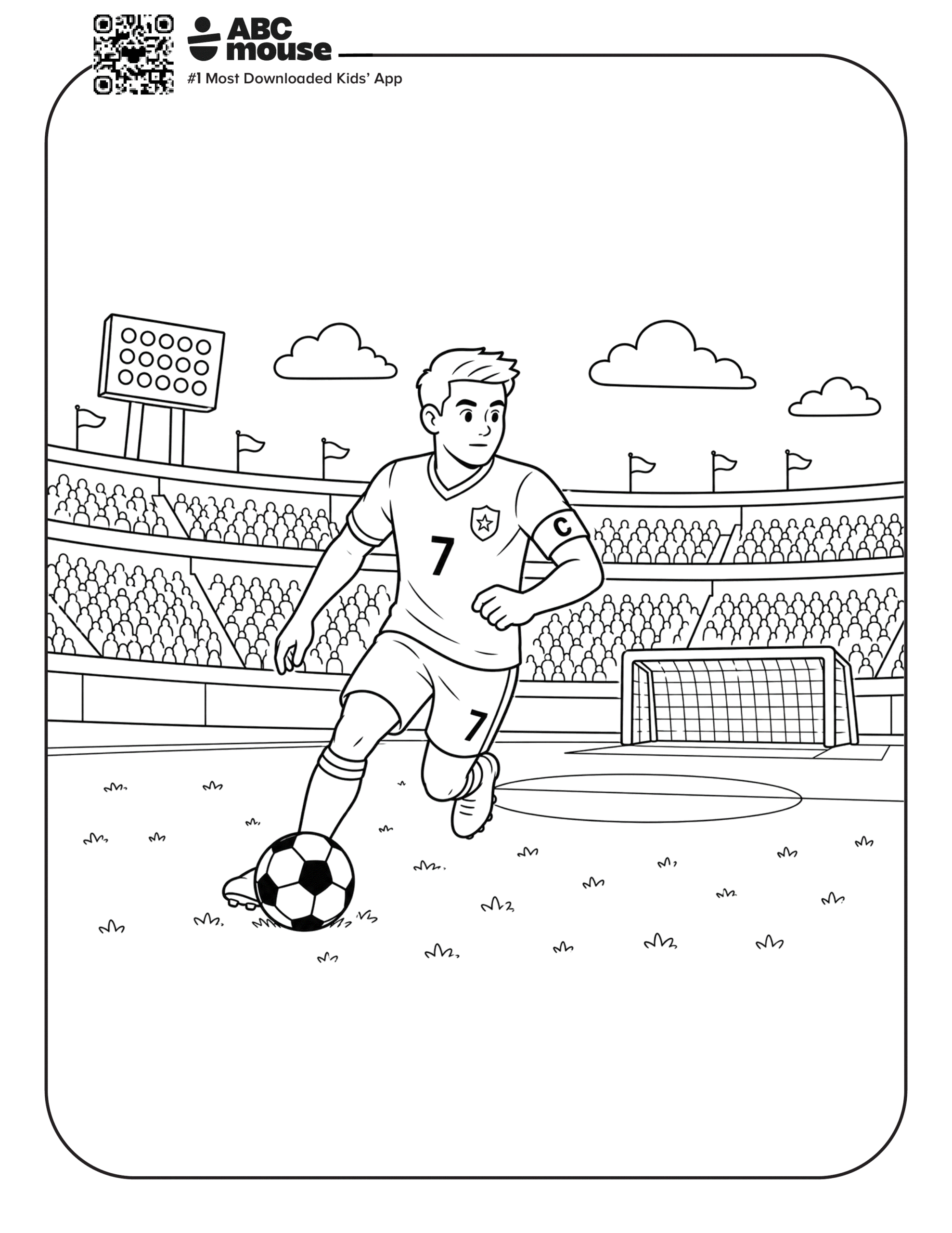 Soccer Player Chasing the Ball – Free printable coloring page for kids from ABCmouse featuring a soccer player running after a soccer ball in a stadium.