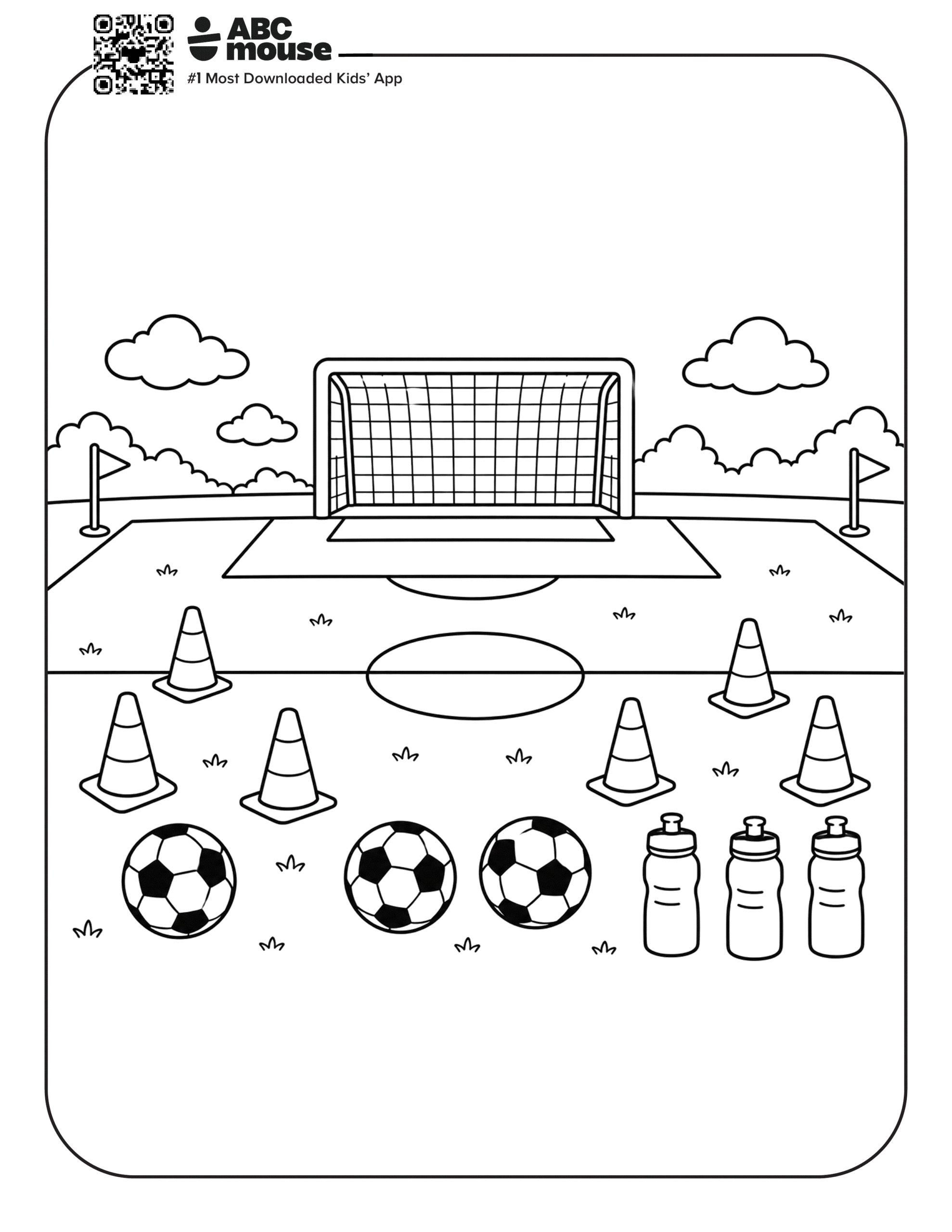 Soccer Field with Equipment on It – Free printable coloring page for kids from ABCmouse featuring a soccer field with balls, cones, and training equipment.