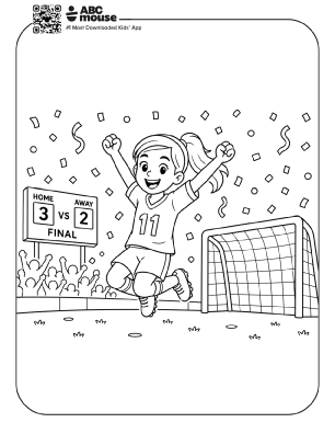 Girl Celebrating a Soccer Goal – Free printable coloring page for kids from ABCmouse featuring a girl celebrating after scoring a soccer goal.