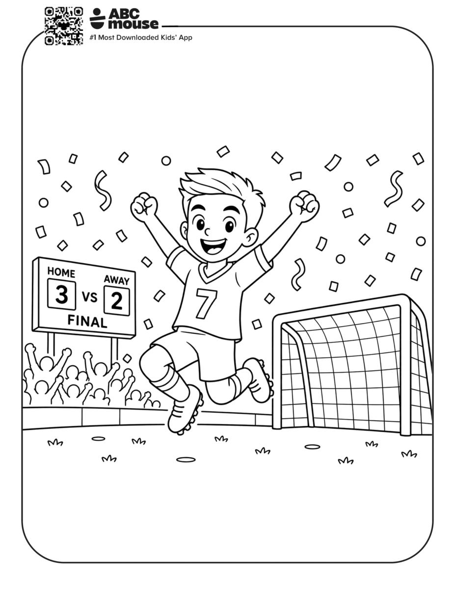 Soccer Player Celebrating – Free printable coloring page for kids from ABCmouse featuring a soccer player celebrating a successful goal with excitement.