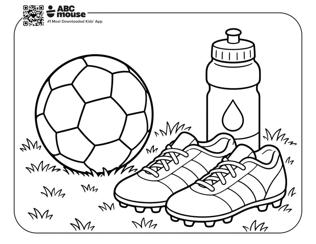 Ball, Cleats, and Water Bottle – Free printable coloring page for kids from ABCmouse featuring a soccer ball, cleats, and water bottle ready for practice.