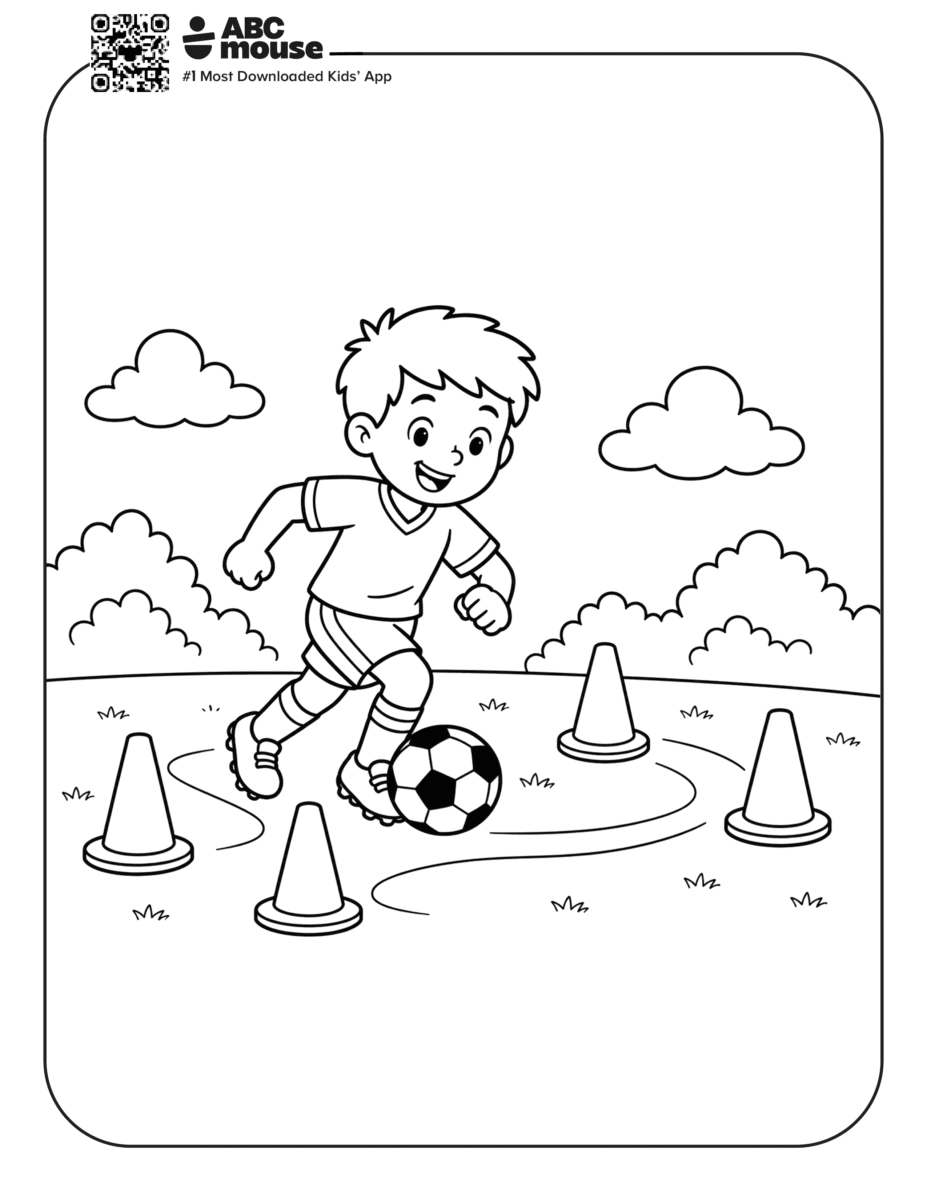 Boy Weaving around Cones – Free printable coloring page for kids from ABCmouse featuring a boy dribbling a soccer ball through a cone drill.