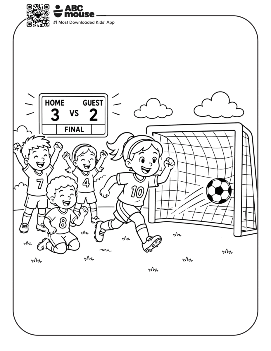 Team Celebrating a Goal – Free printable coloring page for kids from ABCmouse featuring a soccer team cheering as a goal is scored.