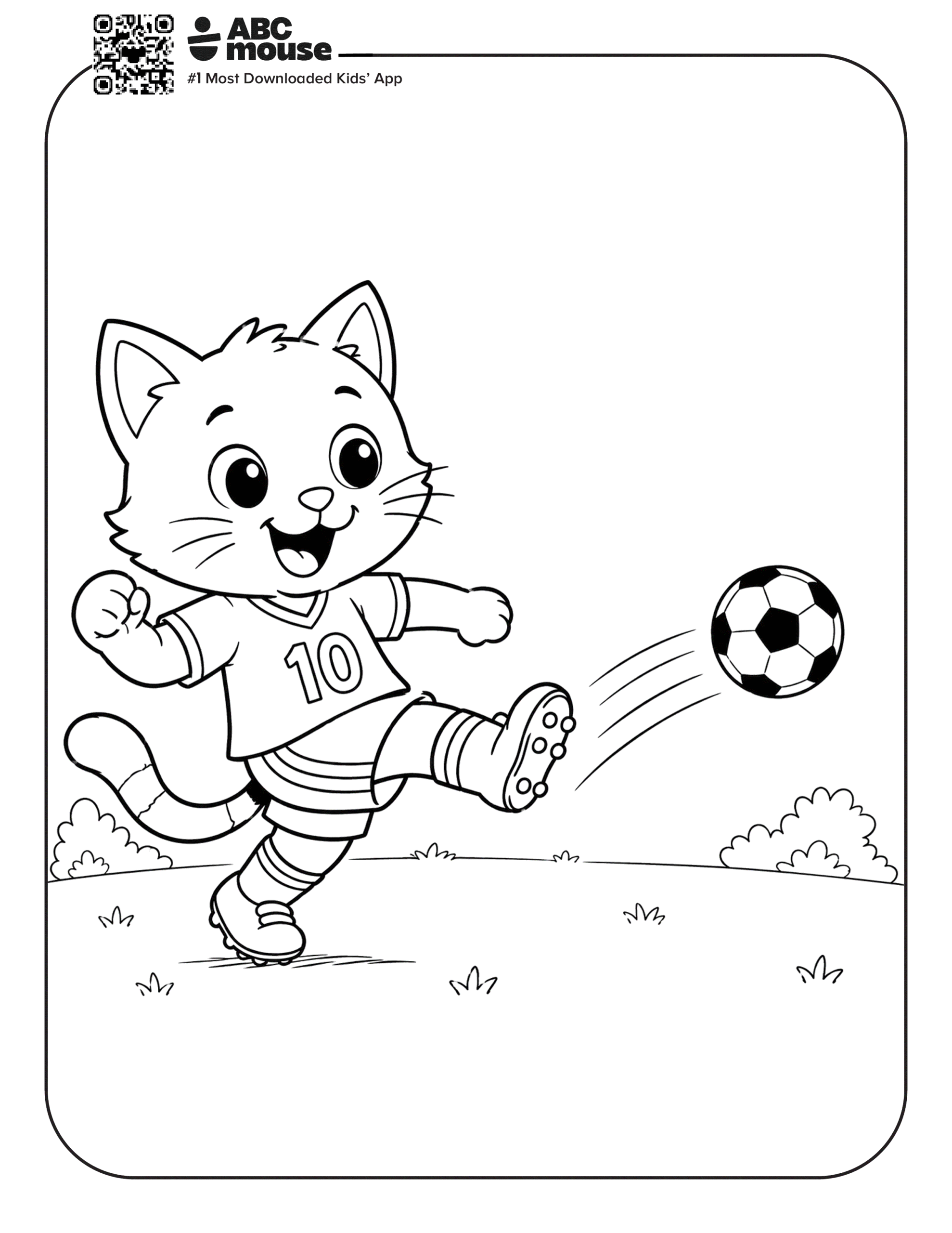 Cat Kicking Soccer Ball – Free printable coloring page for kids from ABCmouse featuring a cat kicking a soccer ball across the field.