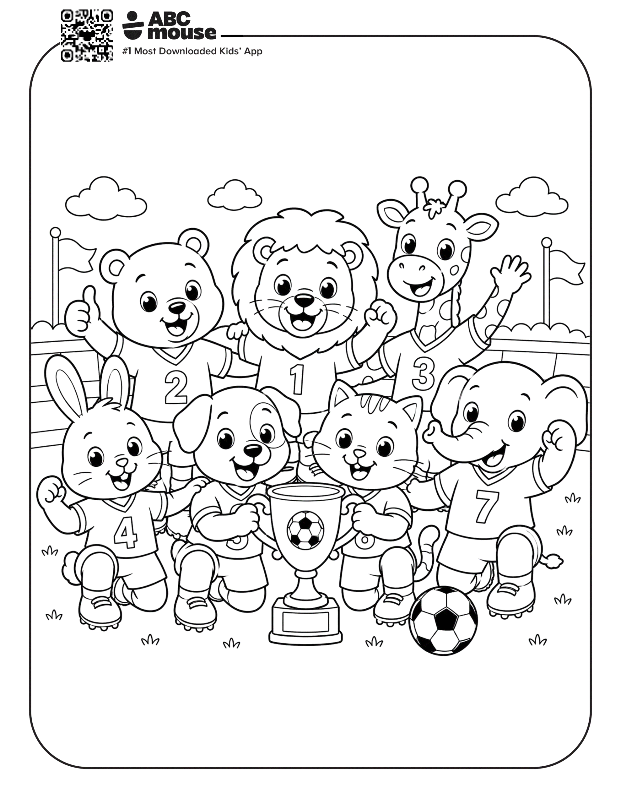 Animal Soccer Team – Free printable coloring page for kids from ABCmouse featuring a team of animal soccer players posing together with a soccer ball.