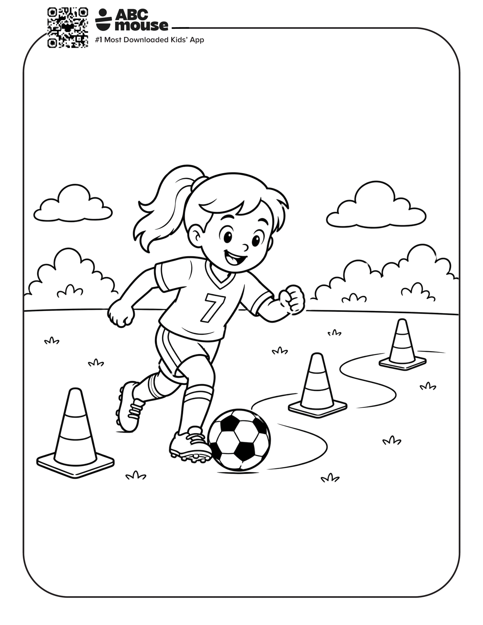Girl Running a Soccer Drill through Cones – Free printable coloring page for kids from ABCmouse featuring a girl dribbling a soccer ball through a cone drill.