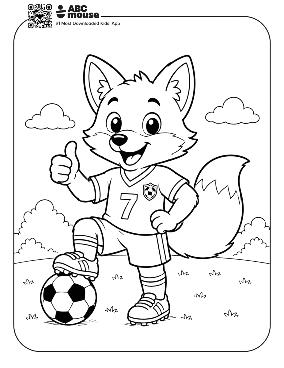 Fox Kicking Soccer Ball – Free printable coloring page for kids from ABCmouse featuring a fox in a soccer jersey kicking a soccer ball.
