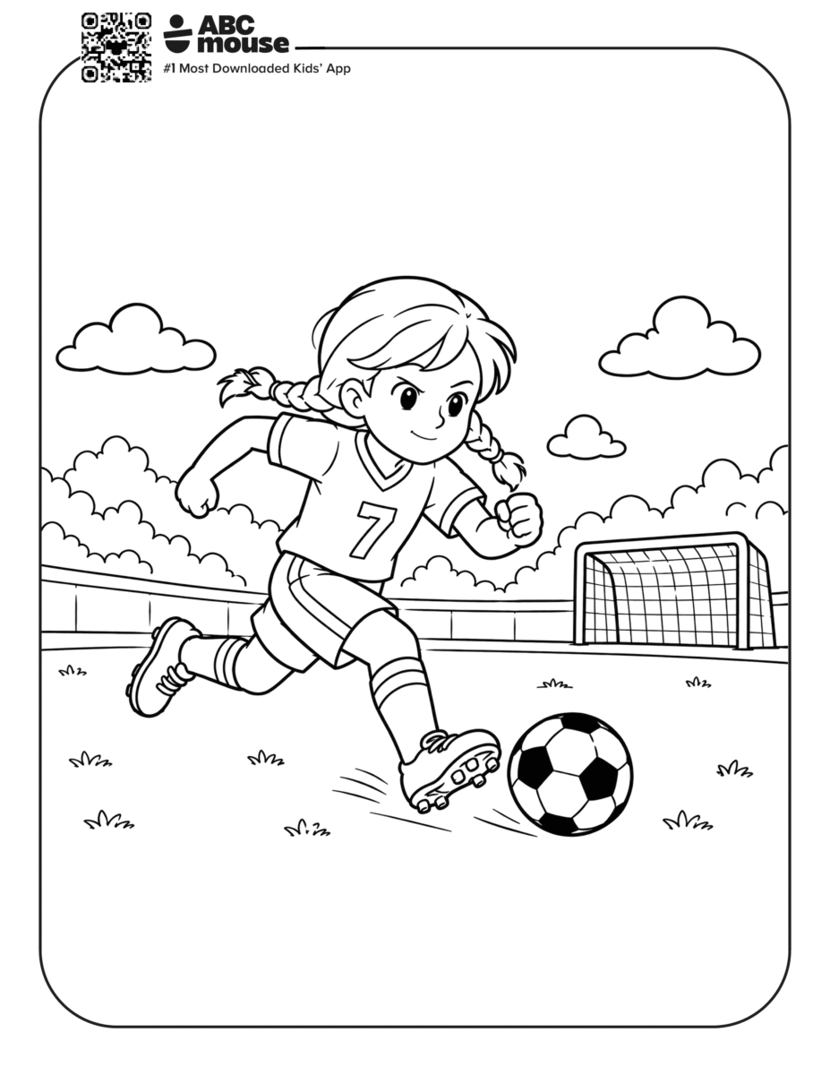 Girl Running Behind a Soccer Ball – Free printable coloring page for kids from ABCmouse featuring a girl running after a soccer ball near a goal.